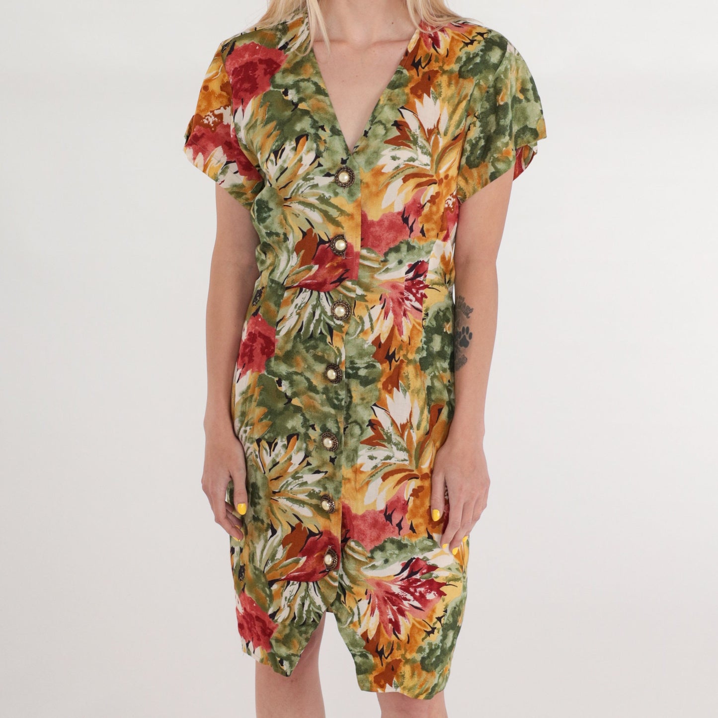 90s La Belle Floral Mini Dress Button-Up V-Neck Sheath Green Red Orange Small