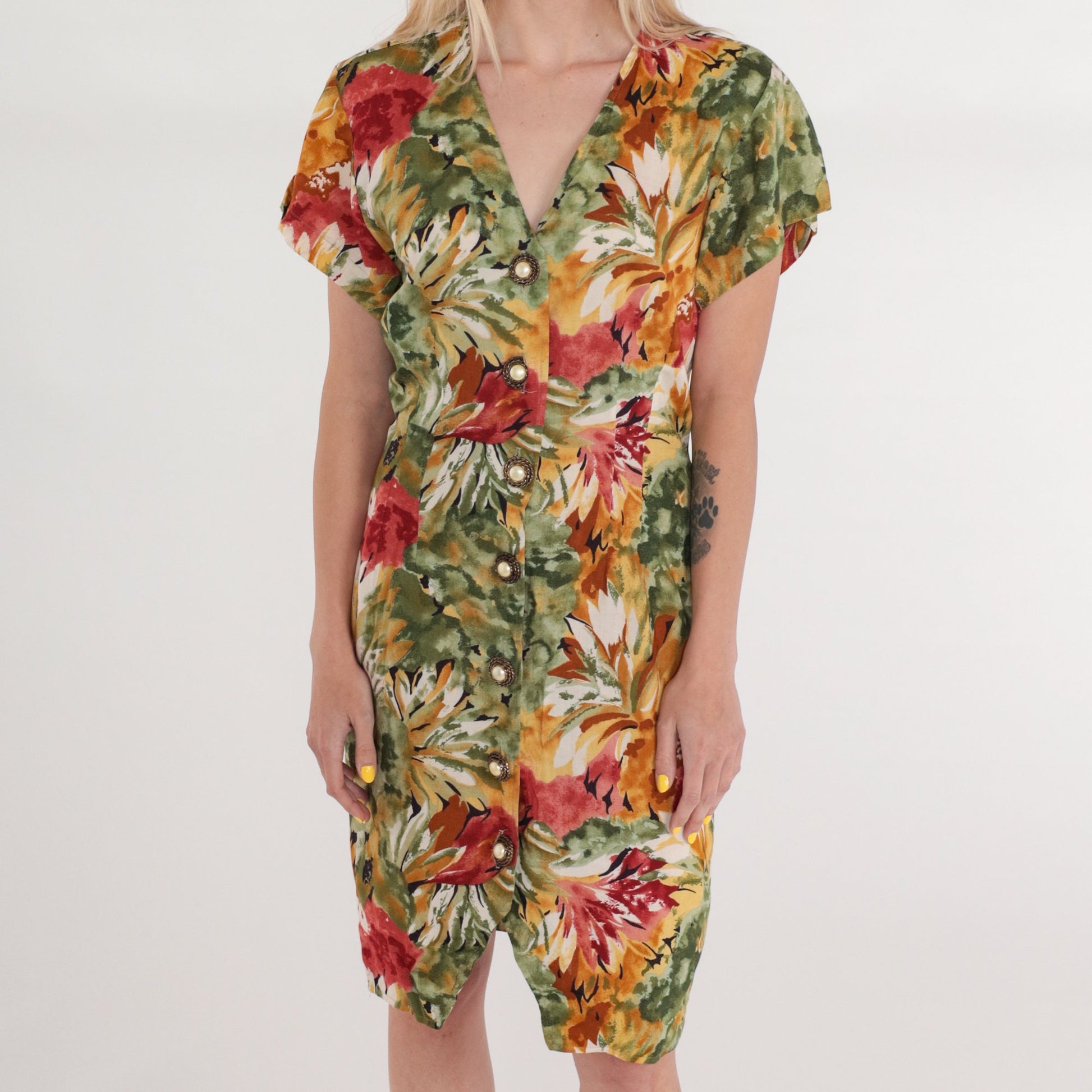 90s La Belle Floral Mini Dress Button-Up V-Neck Sheath Green Red Orange Small