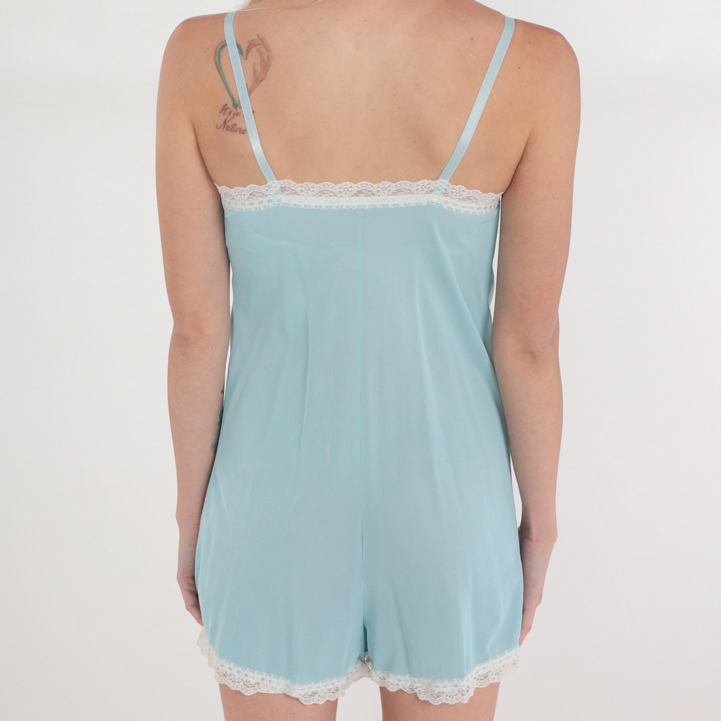 70s Baby Blue Teddy Romper Lace Trim Spaghetti Strap Lingerie Extra Small
