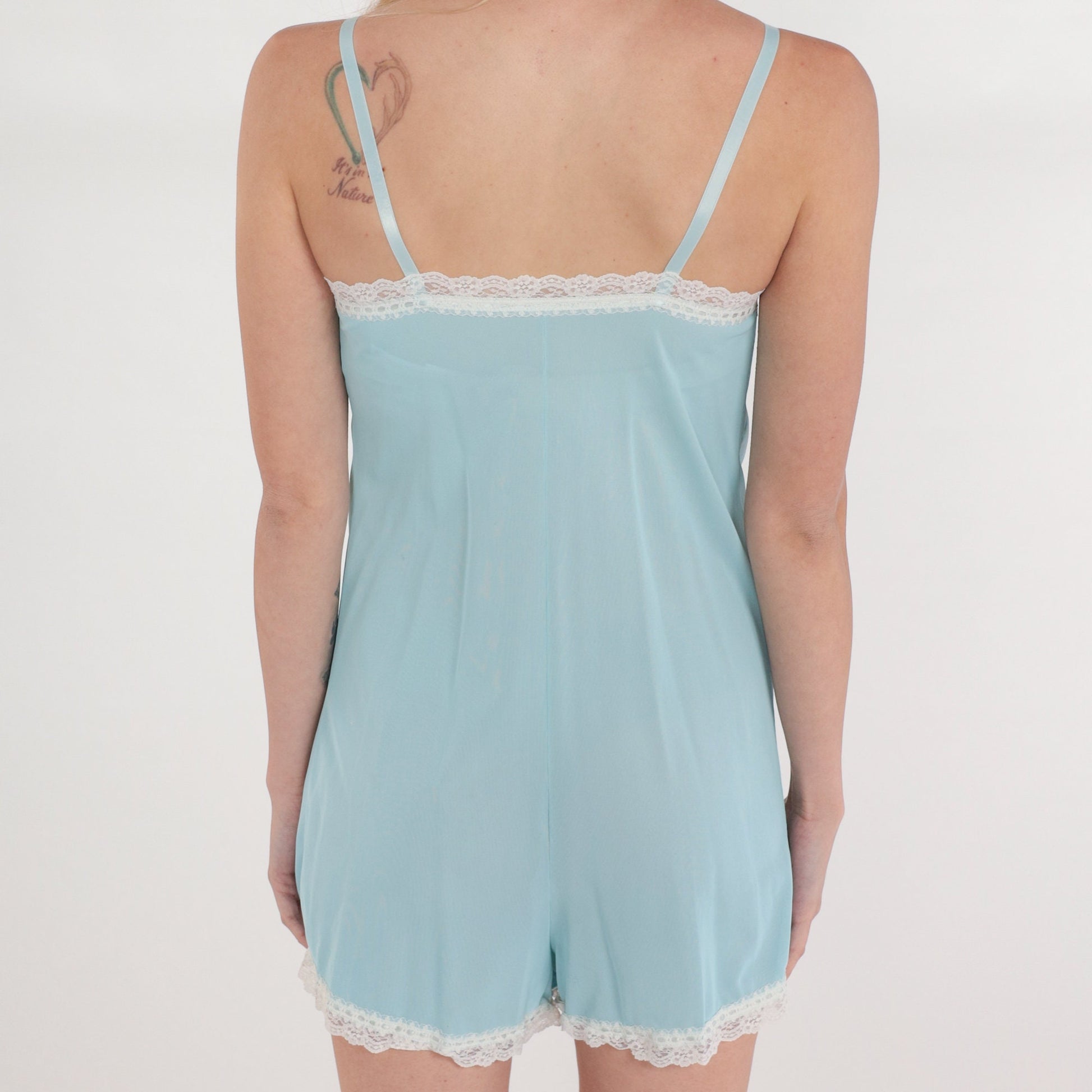 70s Baby Blue Teddy Romper Lace Trim Spaghetti Strap Lingerie Extra Small