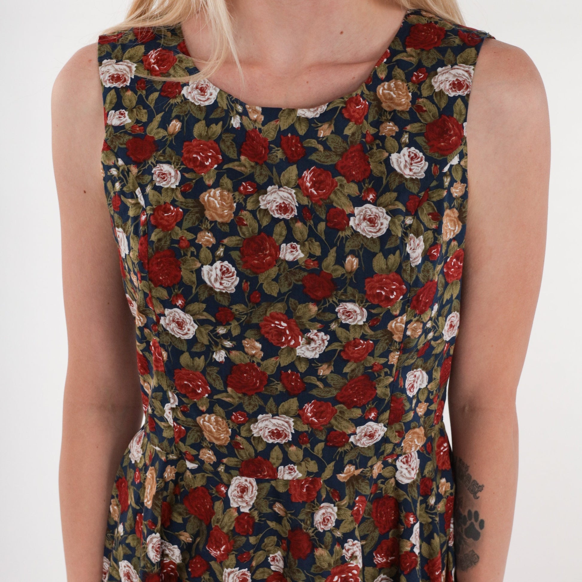 90s Floral Mini Dress Navy Rose Print Sleeveless High Waist Fit Flare Medium