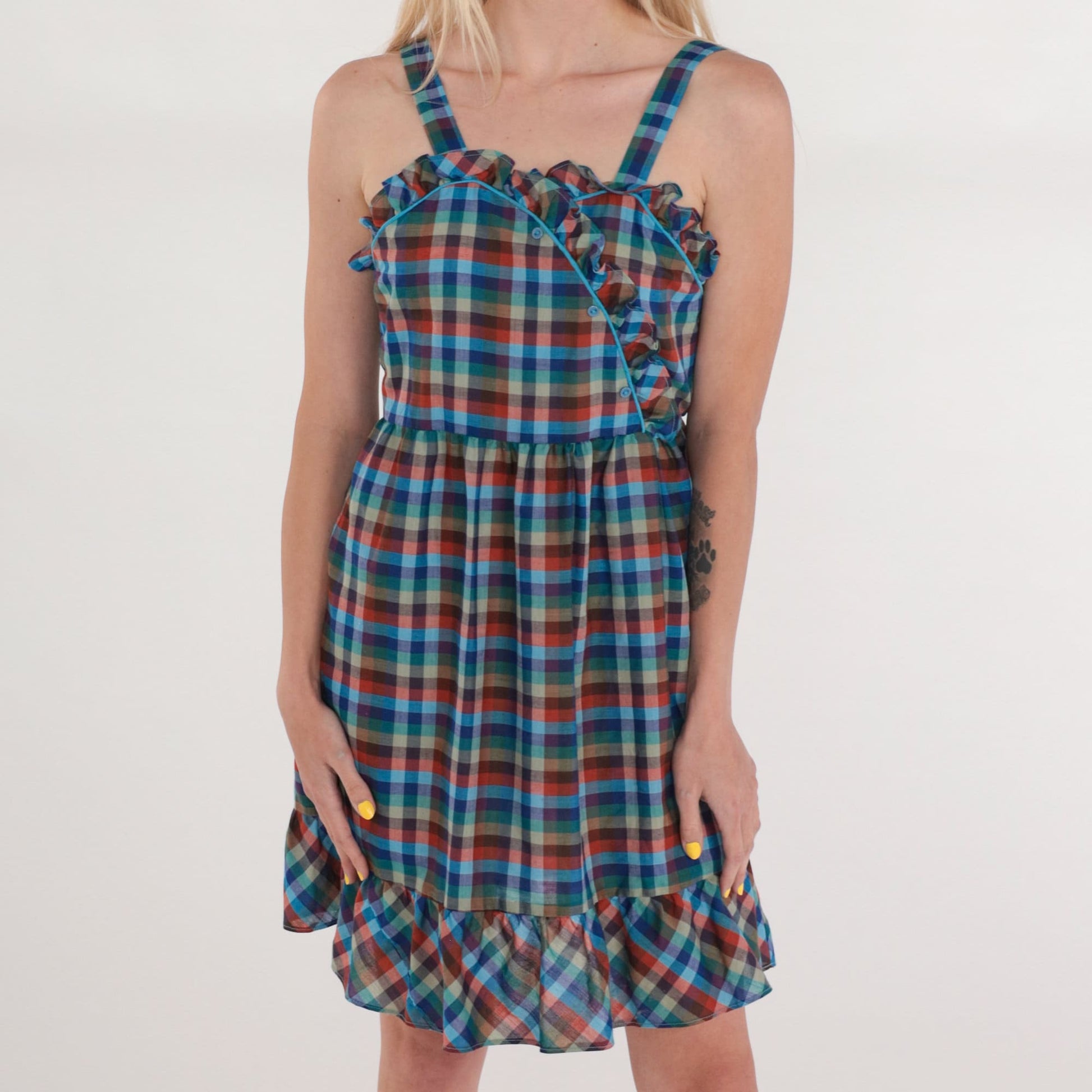 70s Plaid Mini Dress Sleeveless Ruffled Button-Up Blue Green Checkered XS