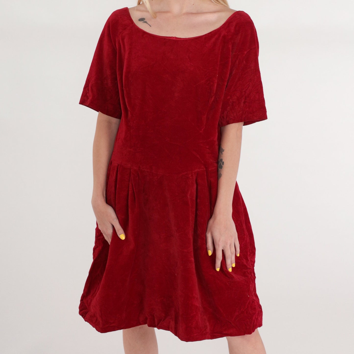 60s Red Velvet Mini Dress High Waist Scoop Back Short Sleeve Extra Large XL
