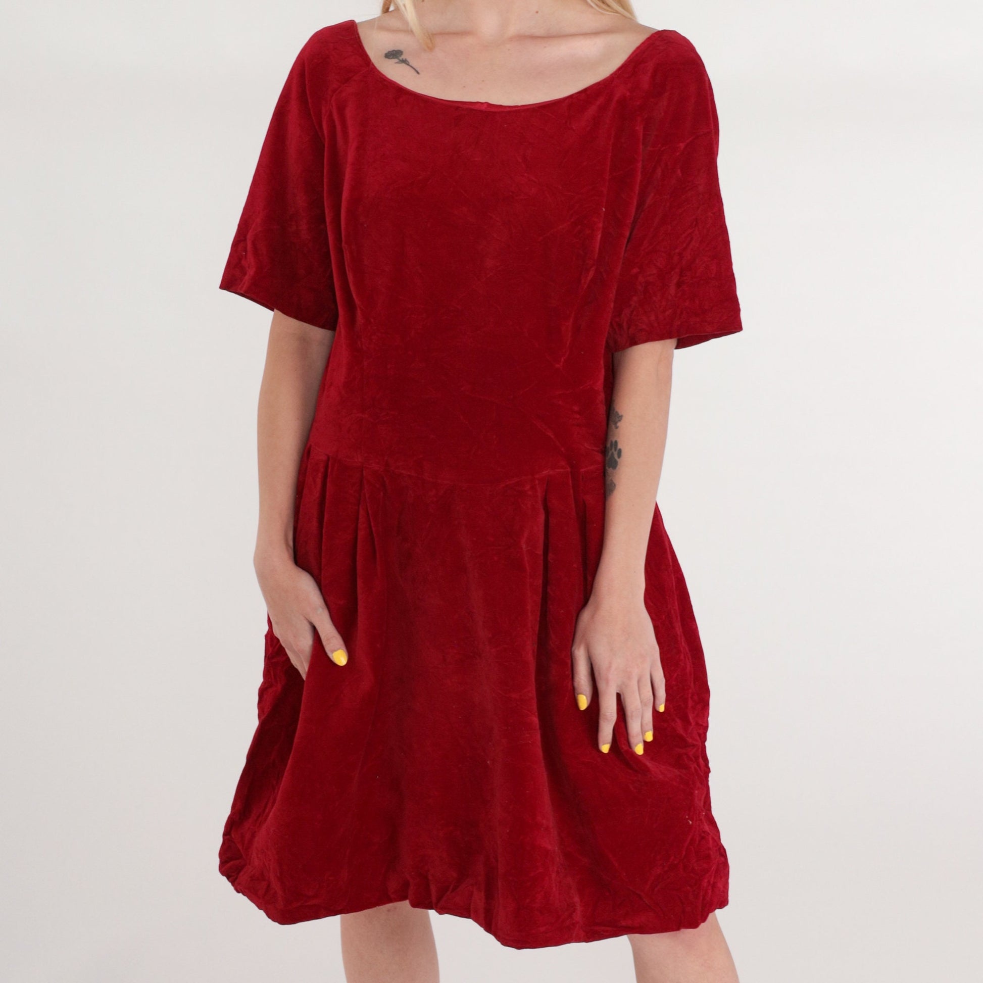 60s Red Velvet Mini Dress High Waist Scoop Back Short Sleeve Extra Large XL