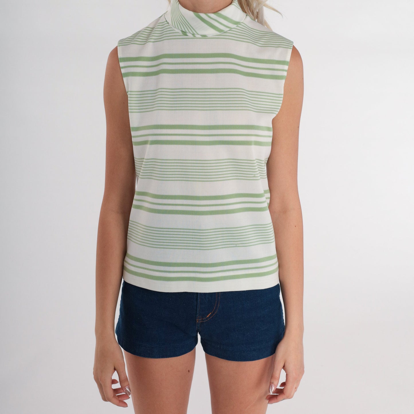 70s Green & White Striped Tank Top Mock Neck Zip Back Small