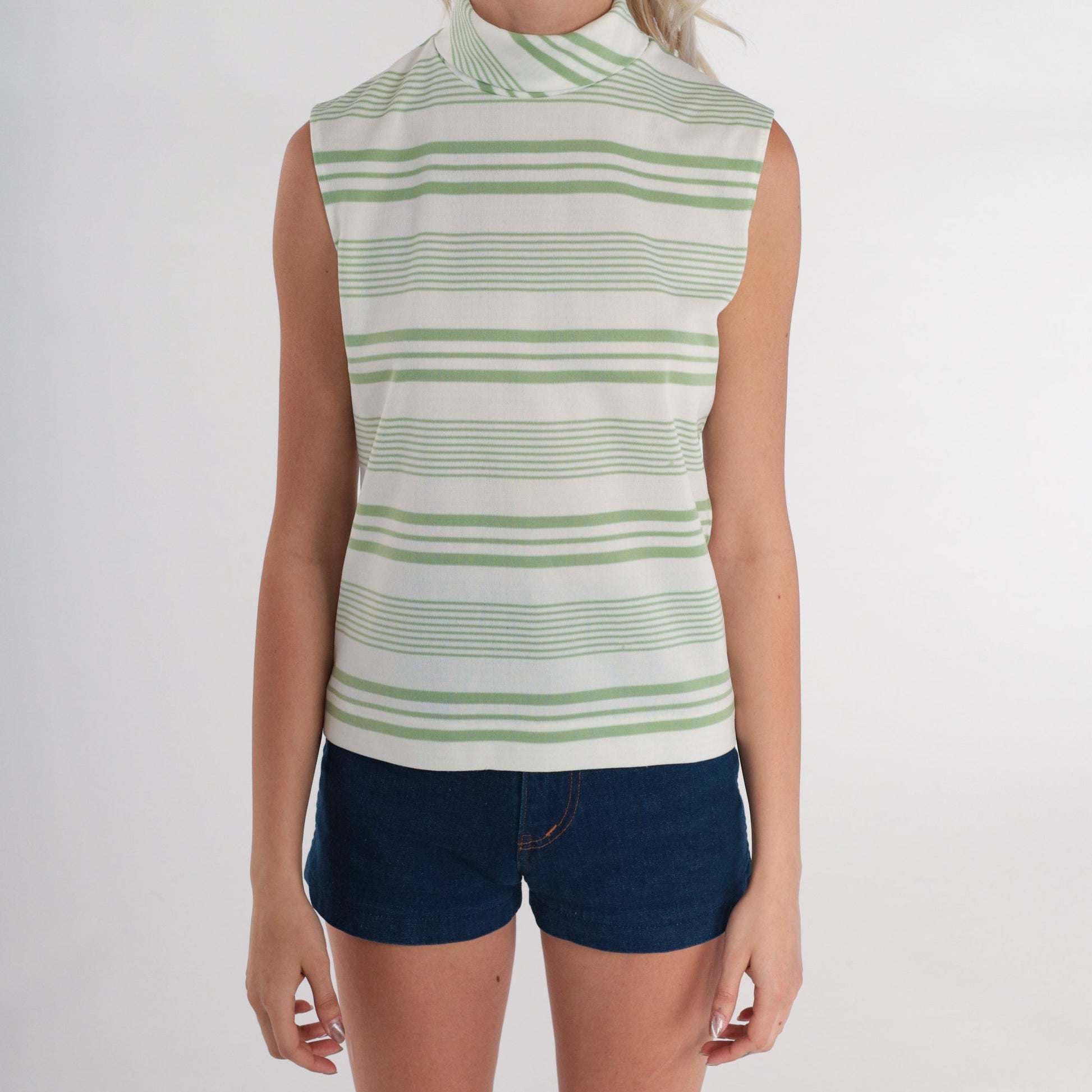 70s Green & White Striped Tank Top Mock Neck Zip Back Small