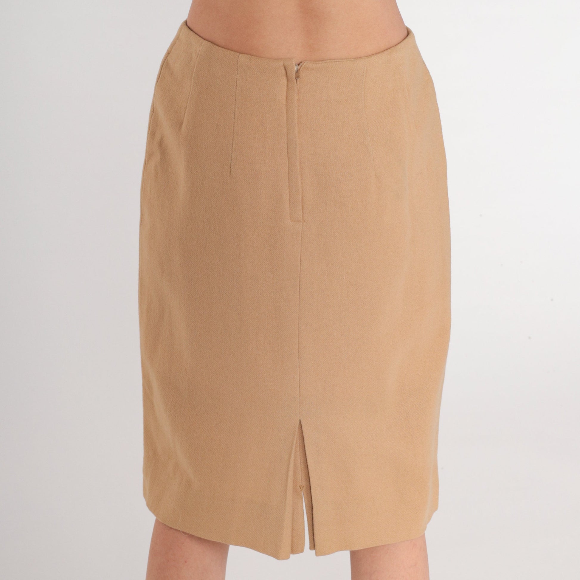 70s Tan Wool Midi Skirt High Waisted Pencil A-Line Small