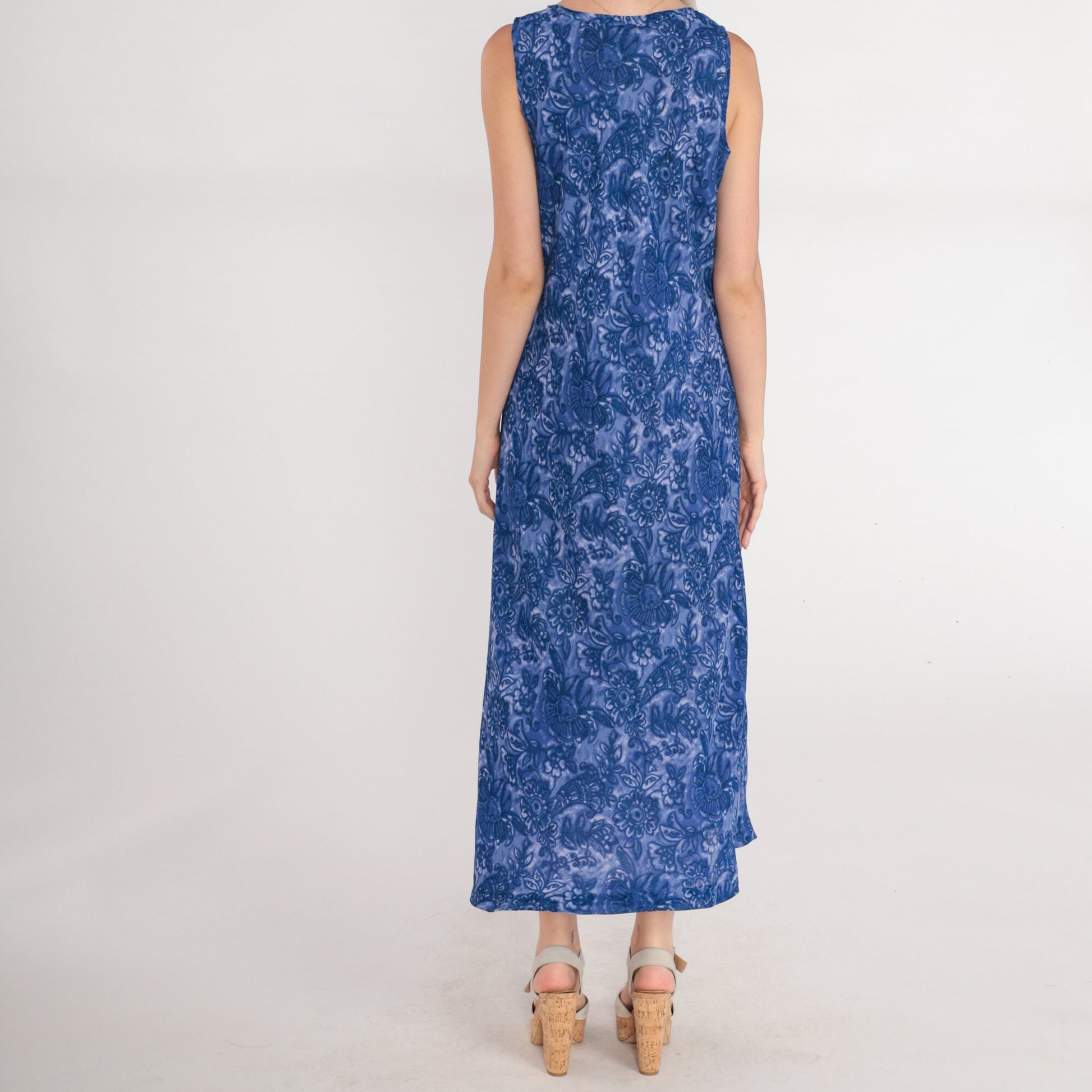 90s Floral Maxi Dress Purple Blue Sleeveless Scoop Neck Tank Medium