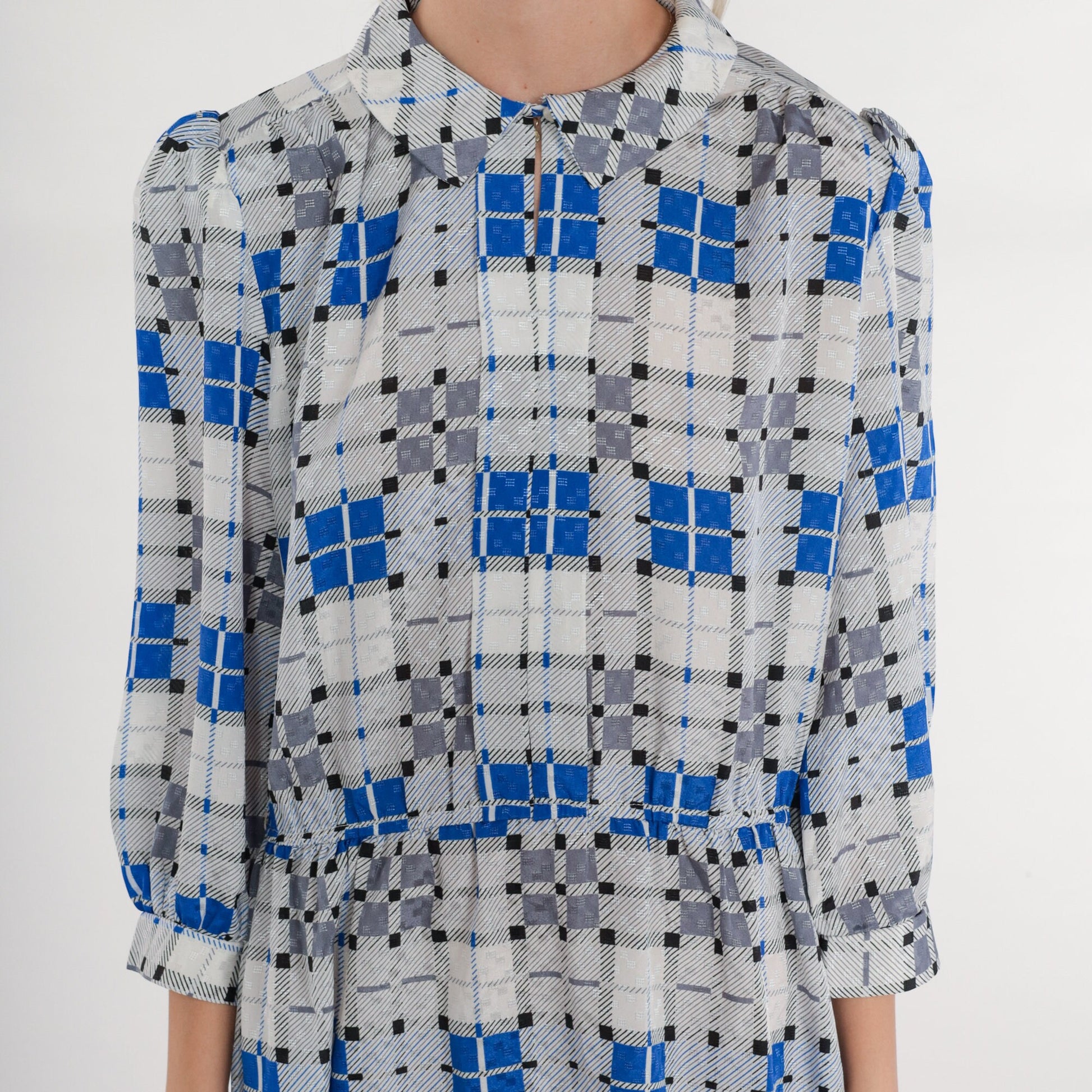 70s Jonathan Martin Plaid Mini Dress Grey Blue Puff Sleeve Keyhole Medium