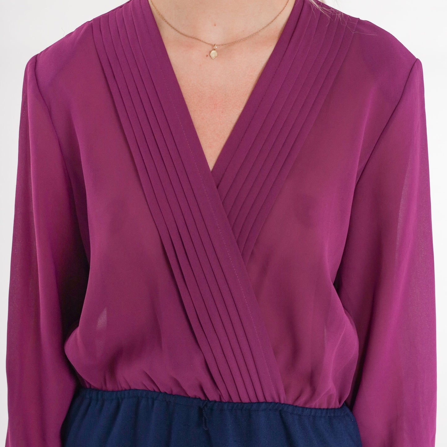 70s Secretary Dress Purple Navy Mini Faux Wrap V-Neck Long Sleeve Extra Small XS