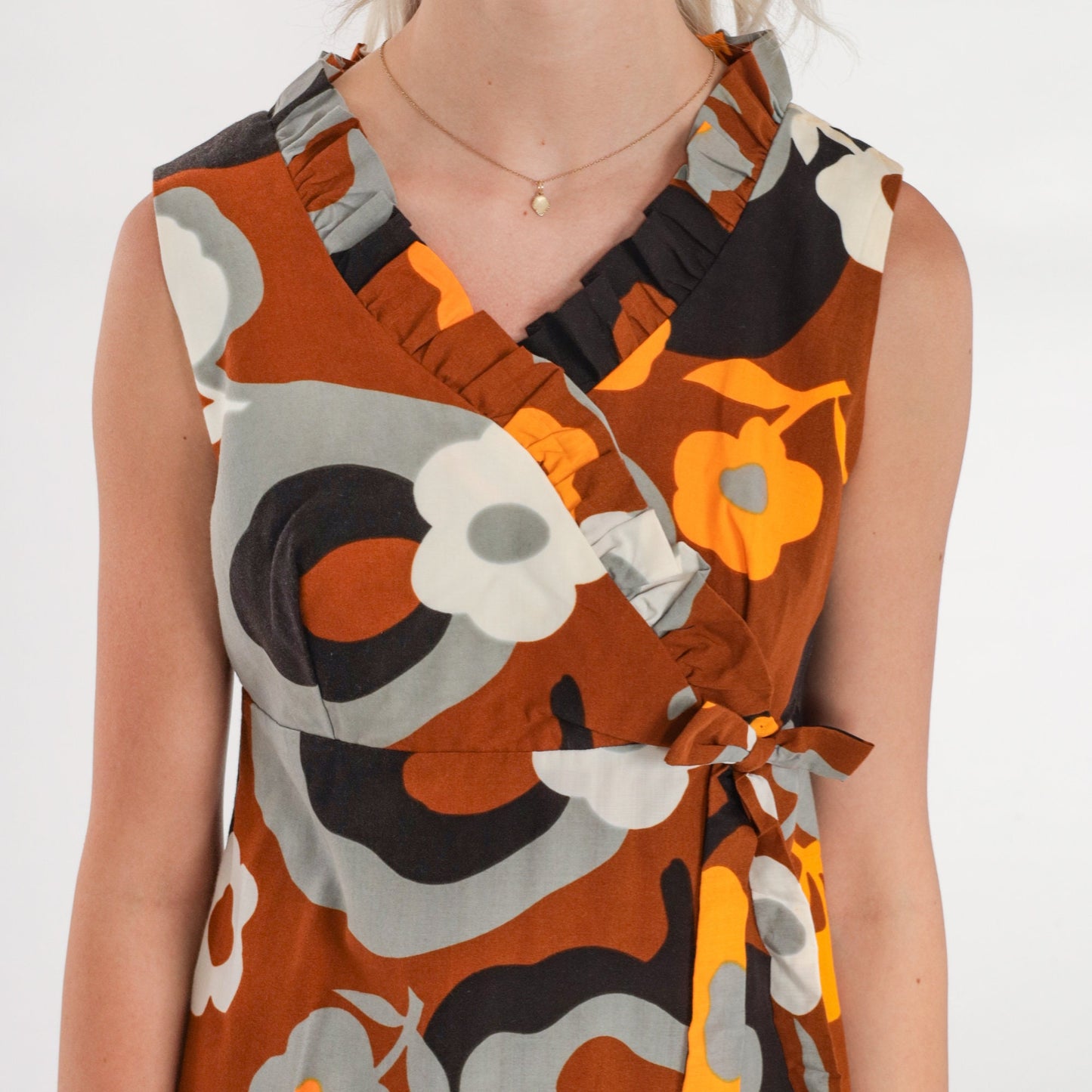 70s Floral Babydoll Mini Dress Psychedelic Print Brown Yellow Small