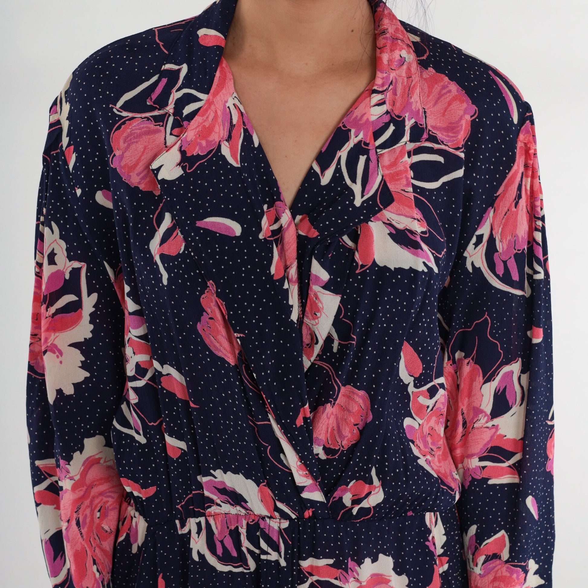 80s Navy Floral Polka Dot Midi Wrap Dress Collared V-Neck 3/4 Sleeve Medium