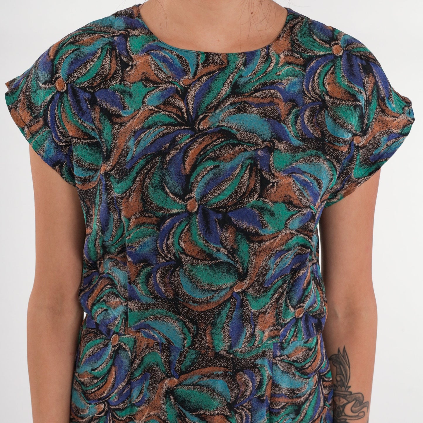80s Silk Floral Midi Dress Cap Sleeve High Waist Abstract Print Small