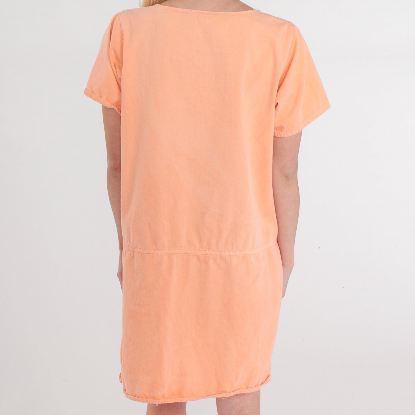 90s Tulip Embroidered Mini Dress Peach Orange Cotton Shift Pockets Medium M
