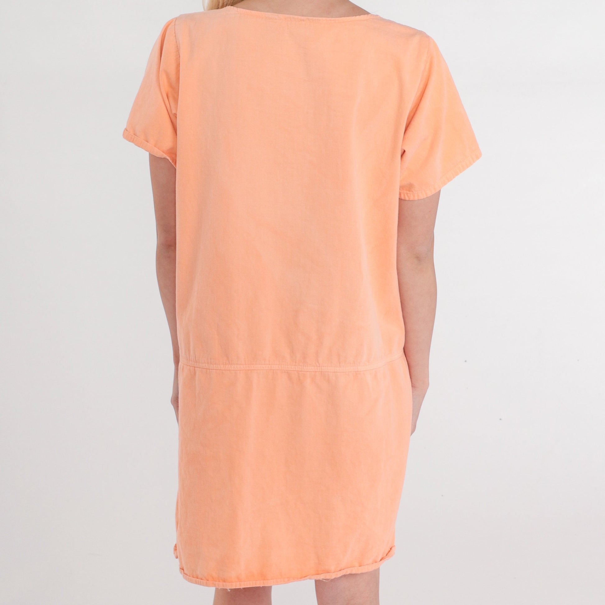 90s Tulip Embroidered Mini Dress Peach Orange Cotton Shift Pockets Medium M