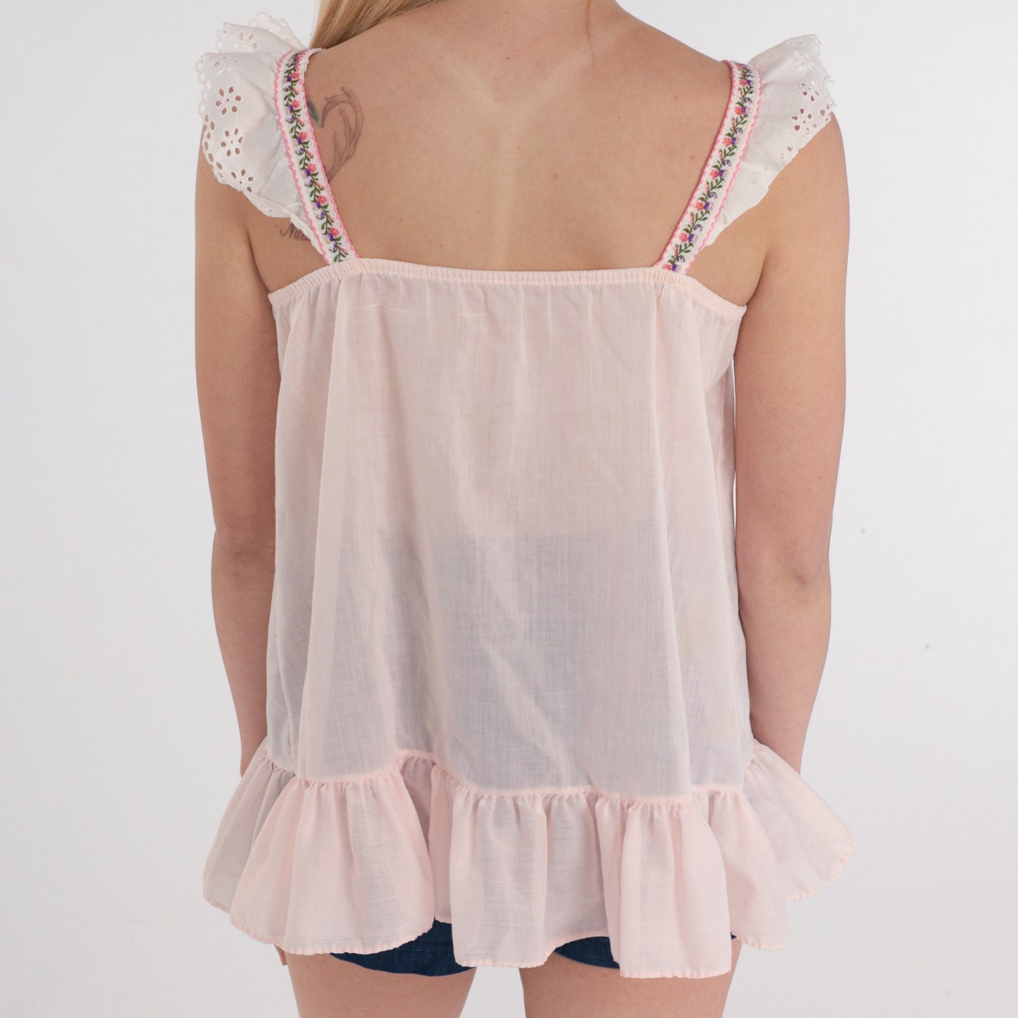 70s Baby Pink Eyelet Lace Tank Top Floral Ribbon Bow Tent Cut XS