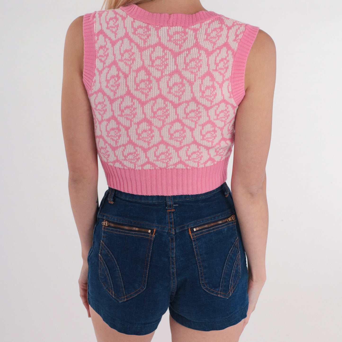 80s Pink Floral Knit Vest Crop Top Double Breasted V Neck Sleeveless XXS
