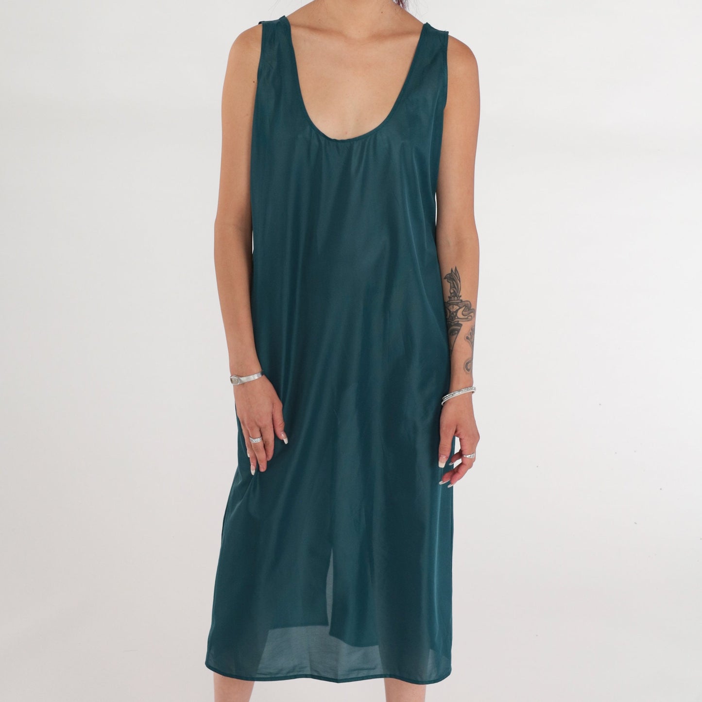 90s Green Semi Sheer Slip Dress Midi Tank Sleeveless Shift Medium
