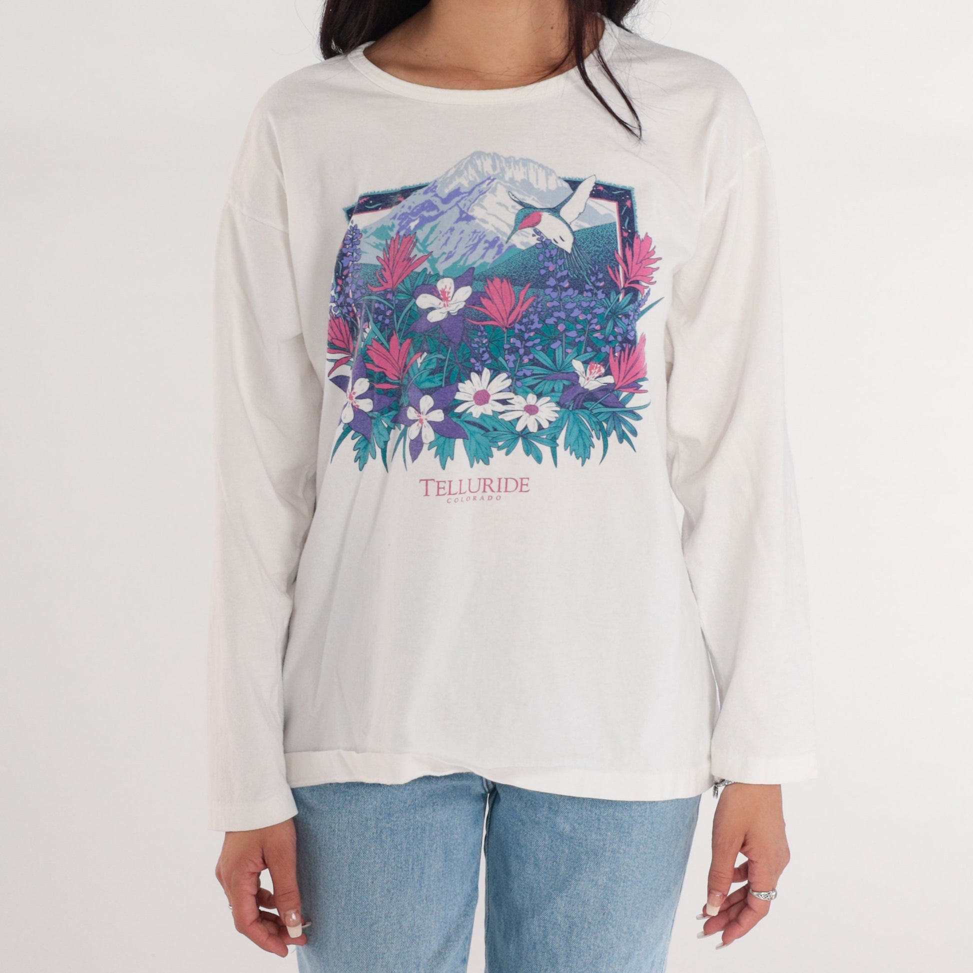 90s Telluride Hummingbird Columbine Graphic Long Sleeve Tee White Large L