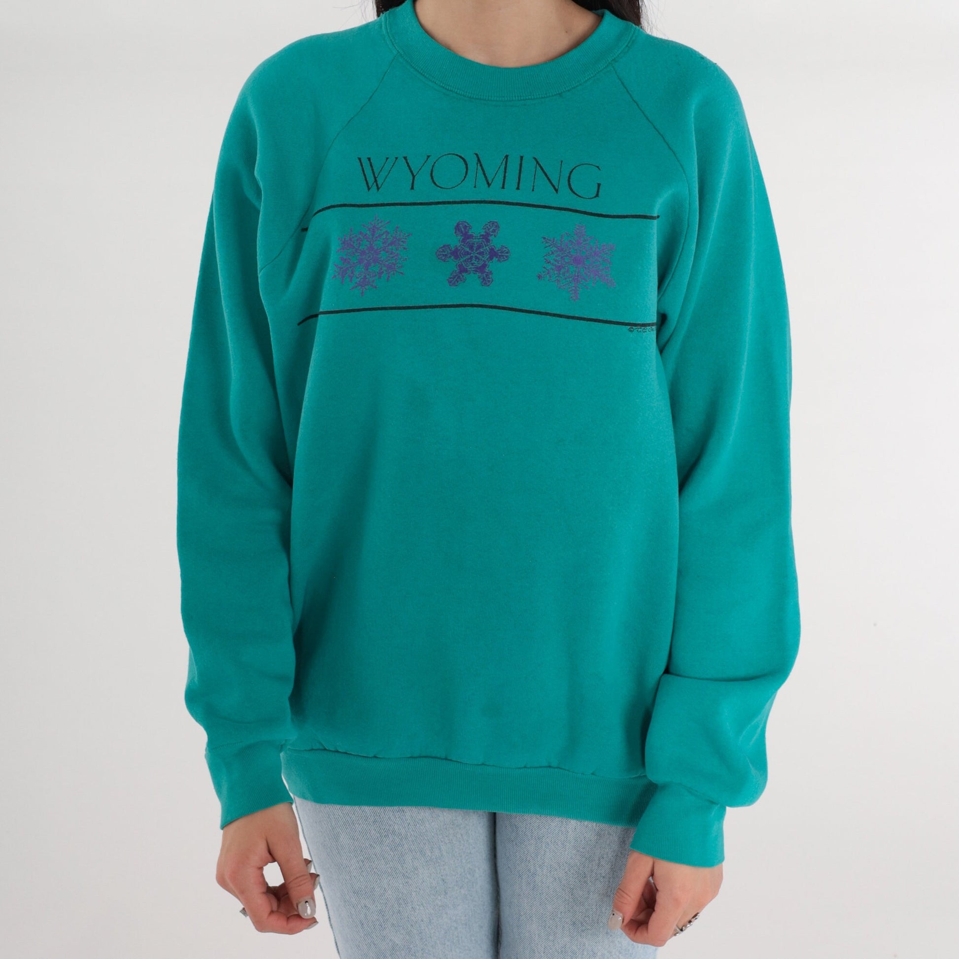 90s Wyoming Snowflake Graphic Sweatshirt Teal Raglan Crewneck Extra Large XXL