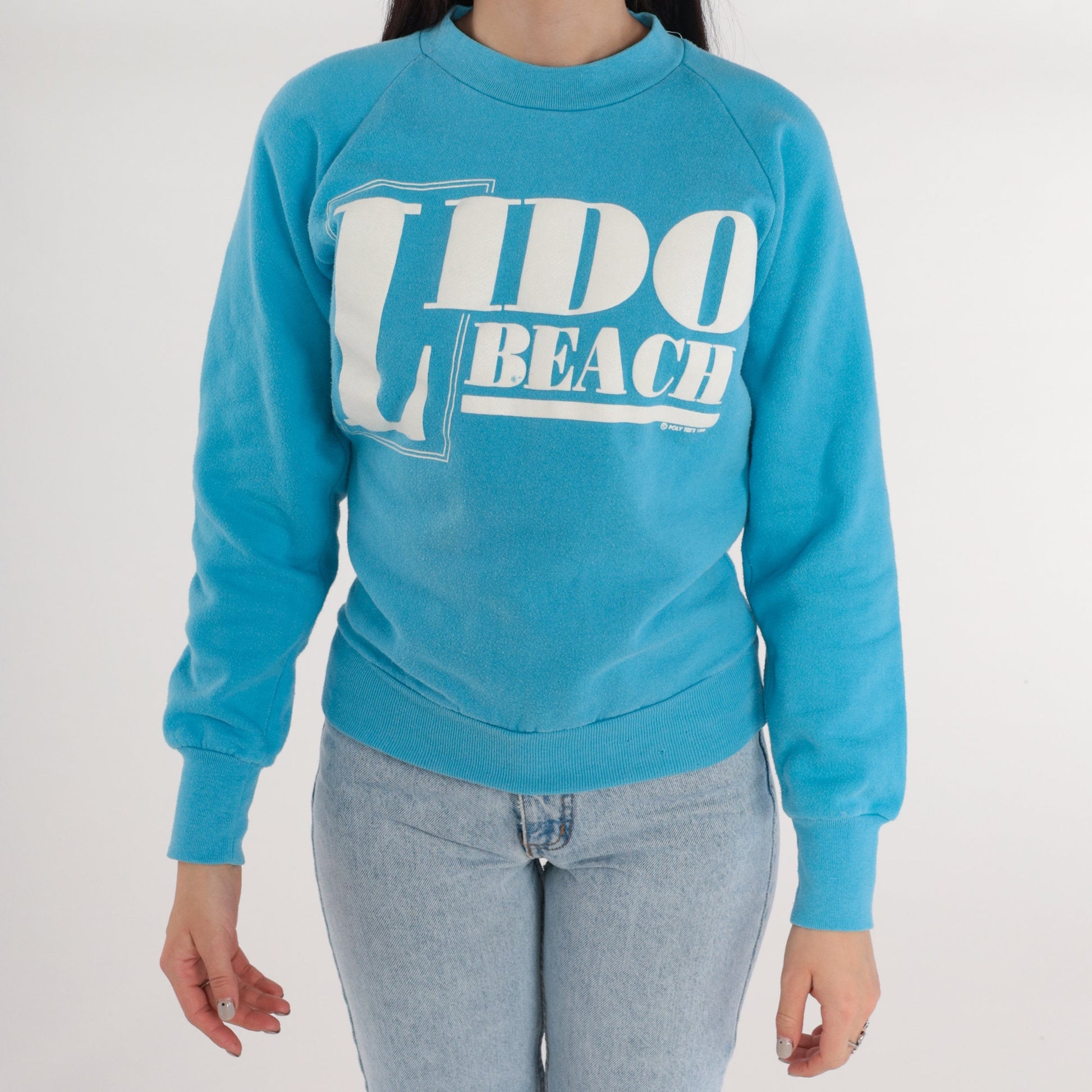 80s Lido Beach Sarasota Florida Raglan Sweatshirt Blue Graphic Small