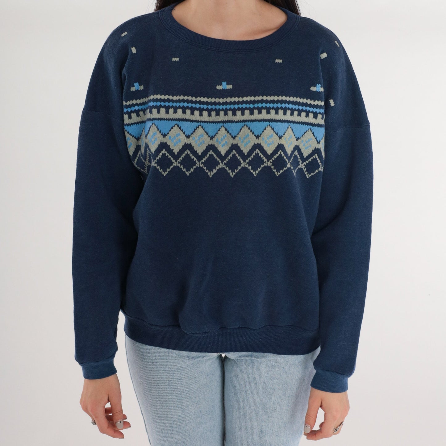 90s Navy Geometric Diamond Print Crewneck Sweatshirt Medium Large