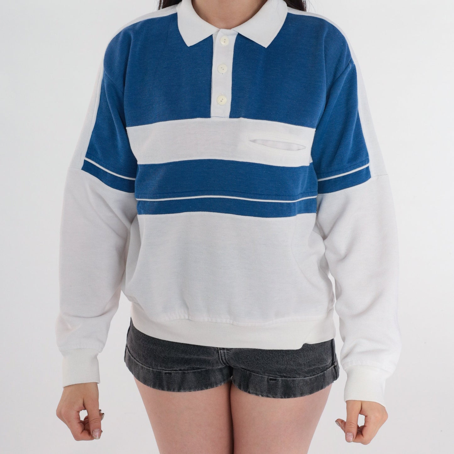 90s Polo Colour Block Striped Sweatshirt White Blue Button Pullover Medium