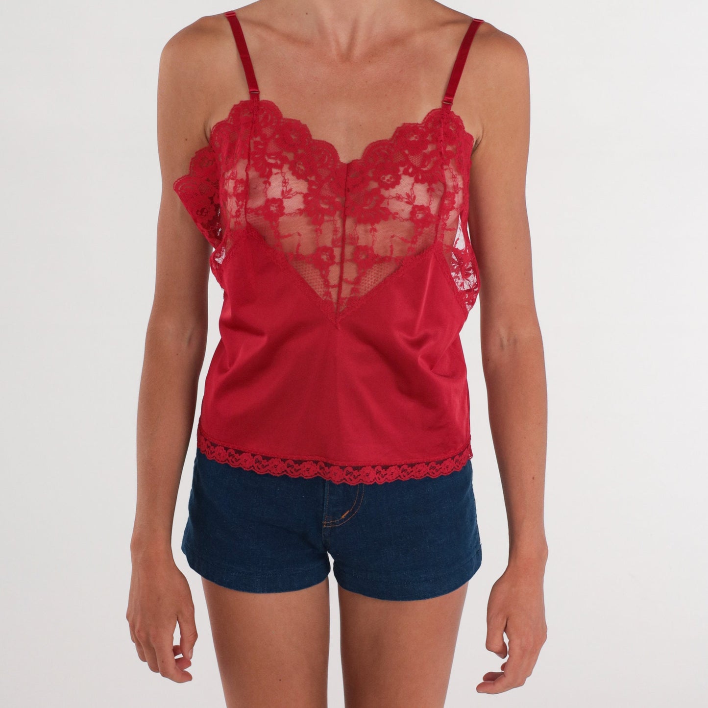 80s Body Chic Red Lace Camisole Tank Top Sheer Nylon Medium