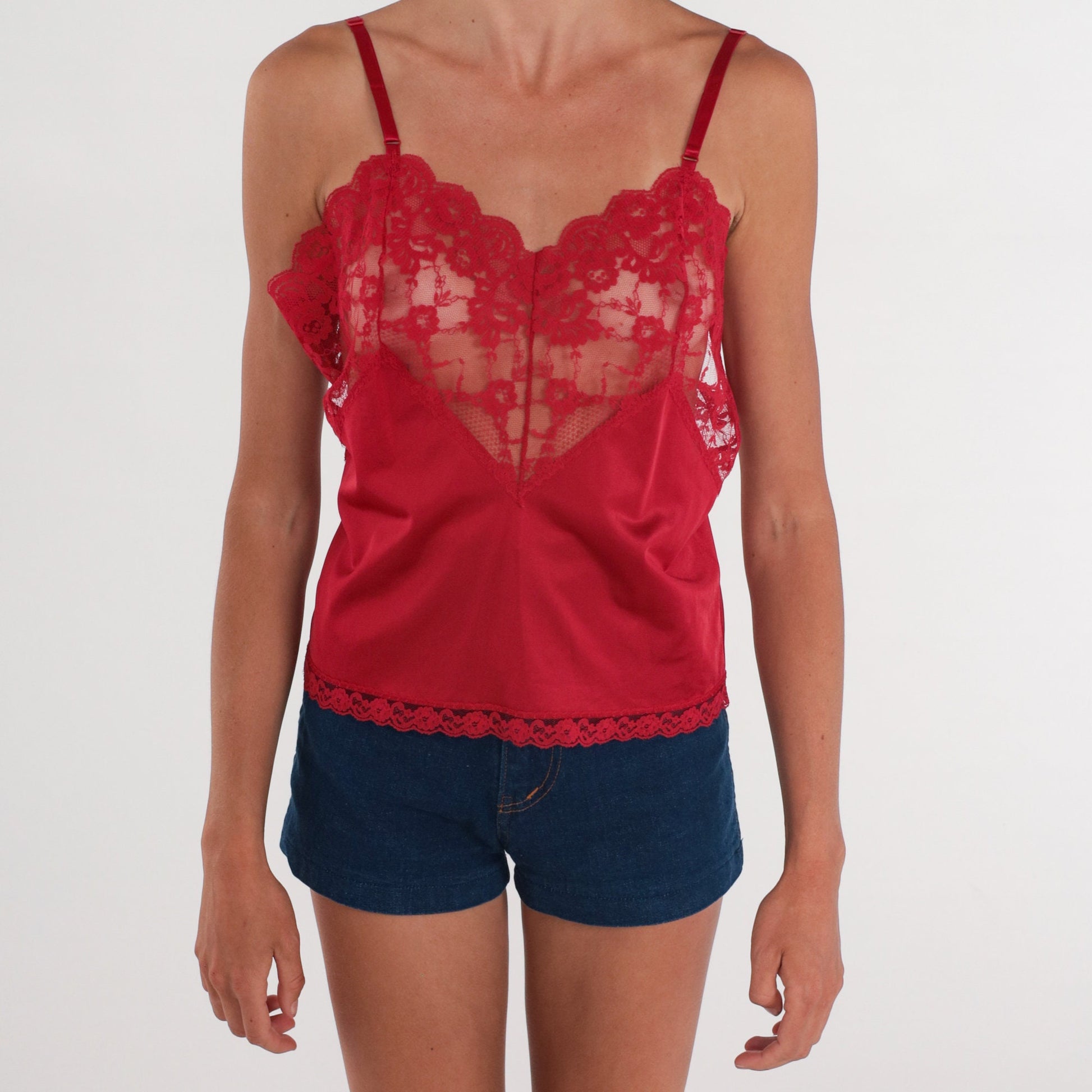 80s Body Chic Red Lace Camisole Tank Top Sheer Nylon Medium