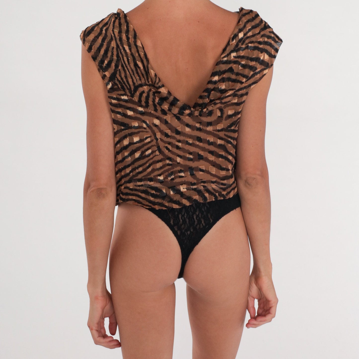 90s Checkered Tiger Print Bodysuit Cowl Neck Short Sleeve Medium M