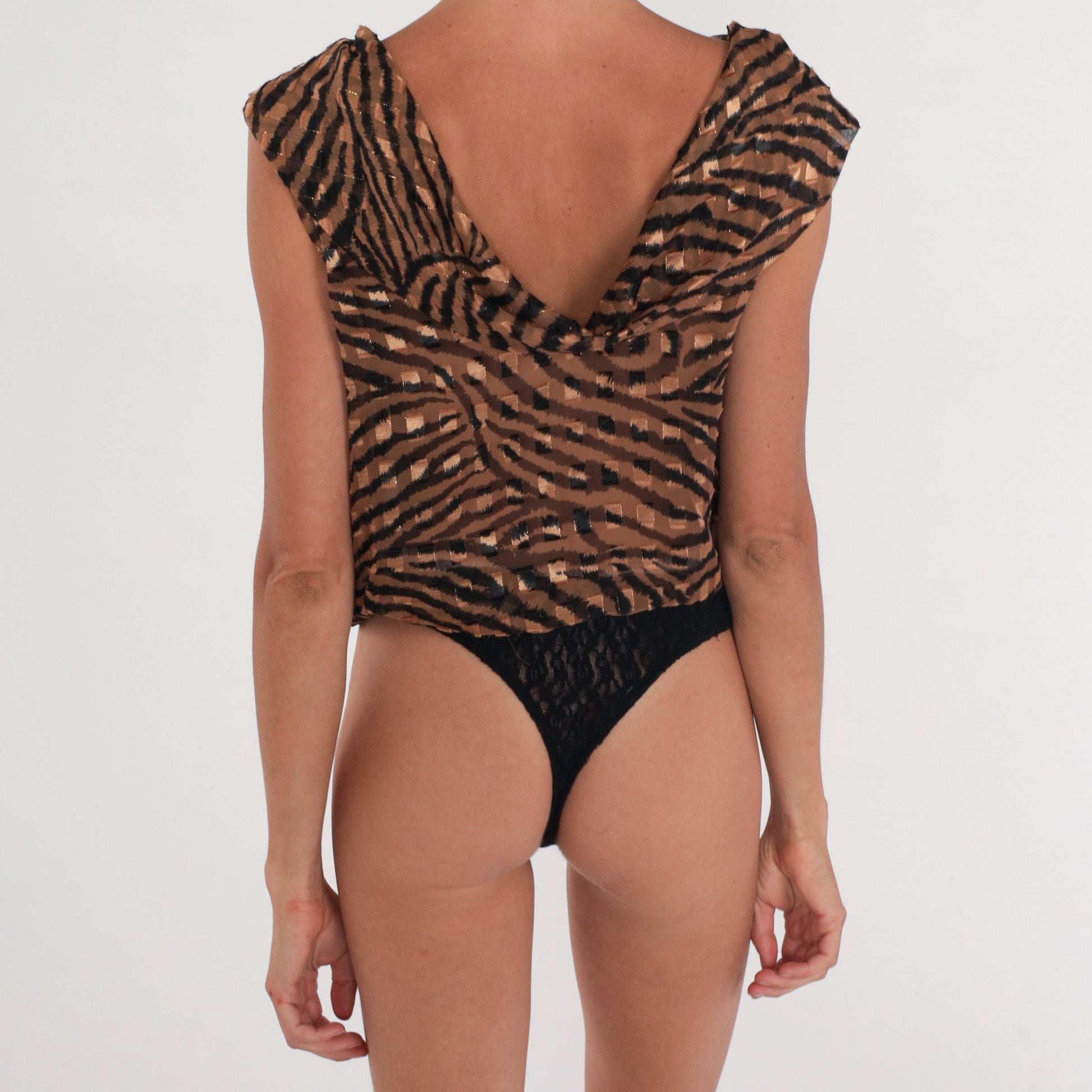 90s Checkered Tiger Print Bodysuit Cowl Neck Short Sleeve Medium M