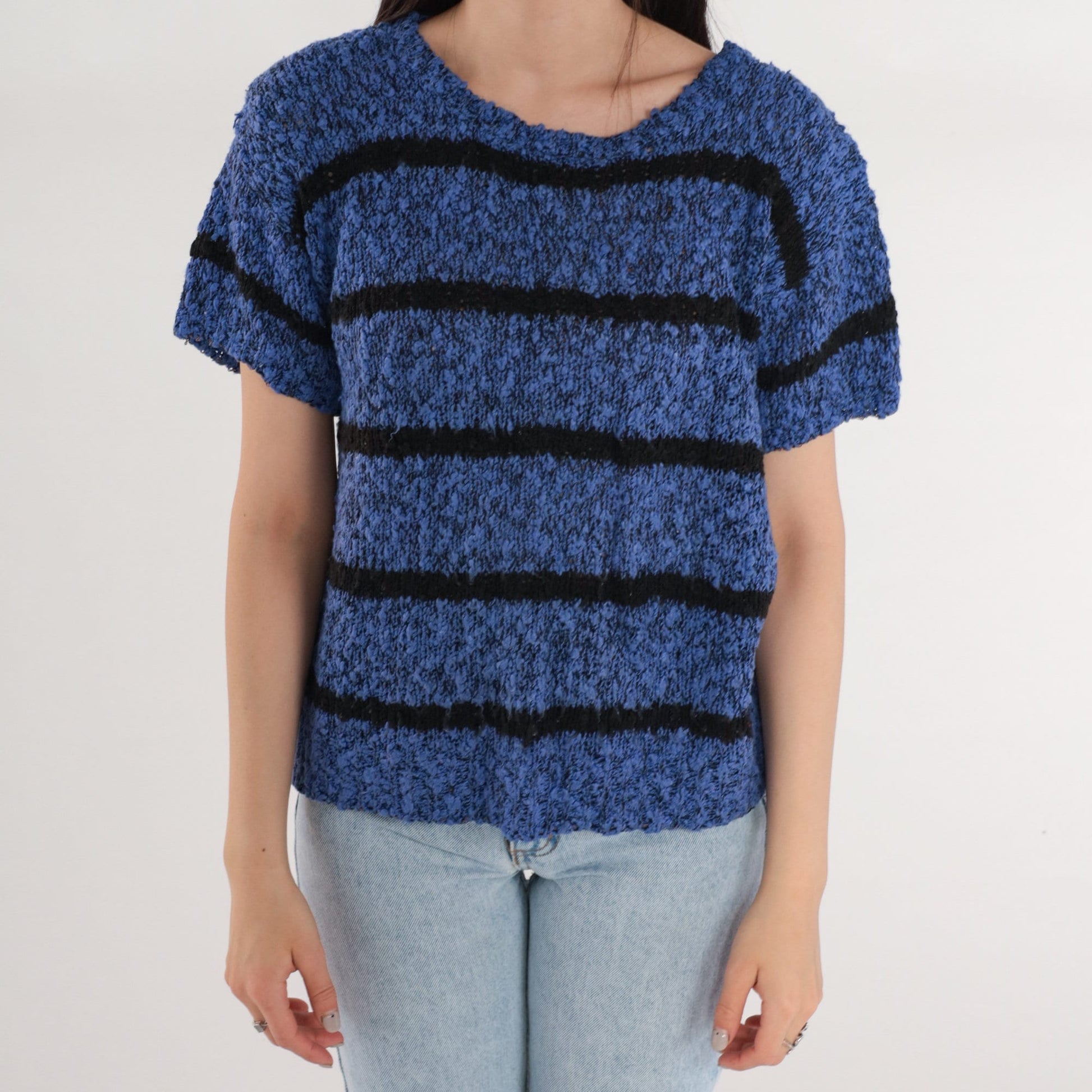 90s Striped Knit Sweater Top Blue Black Short Sleeve Medium M