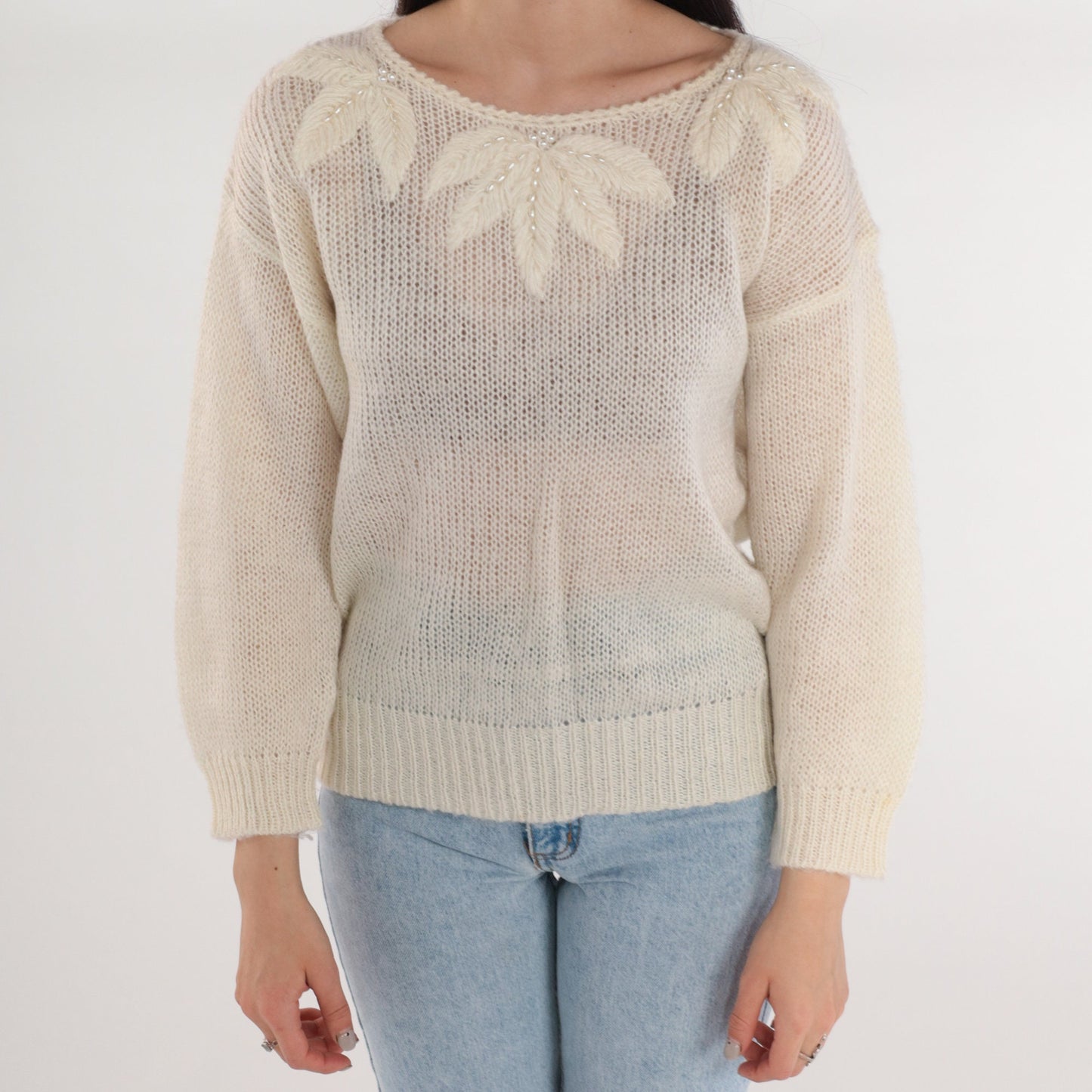 80s Pearl Beaded Off-White Knit Sweater Leaf Embroidered Pullover Medium
