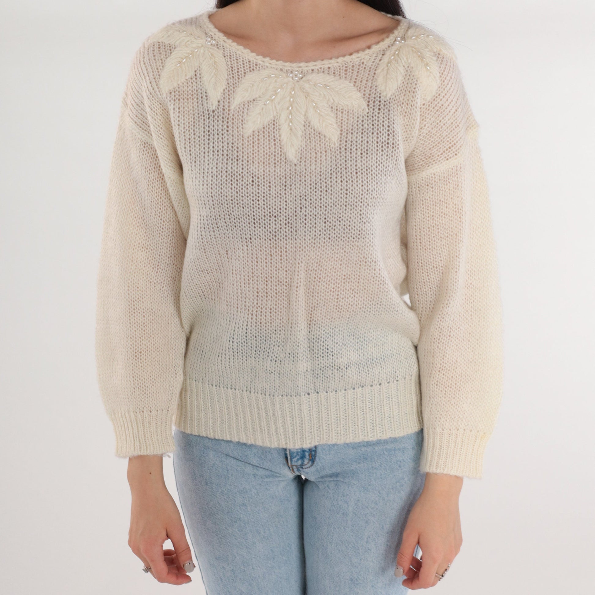 80s Pearl Beaded Off-White Knit Sweater Leaf Embroidered Pullover Medium