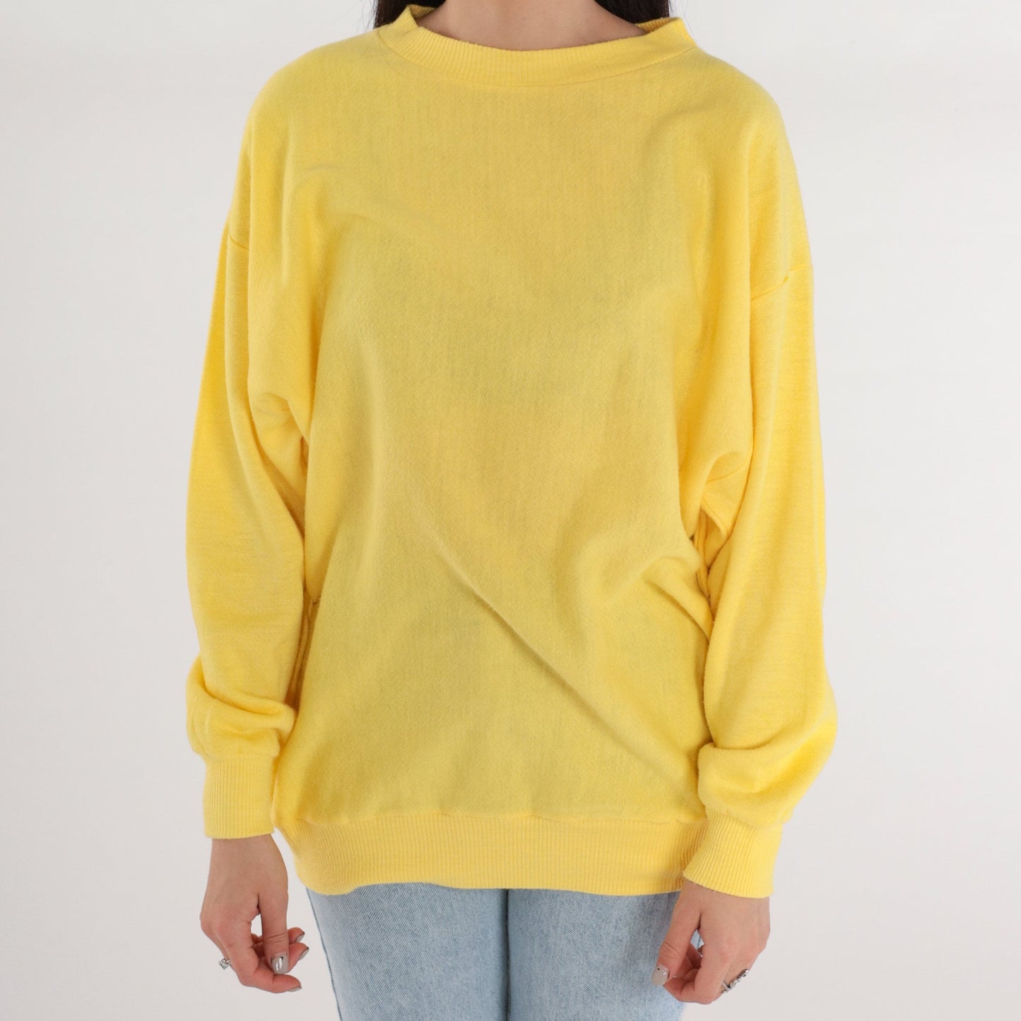80s Yellow Crewneck Sweatshirt Plain Pullover Large L