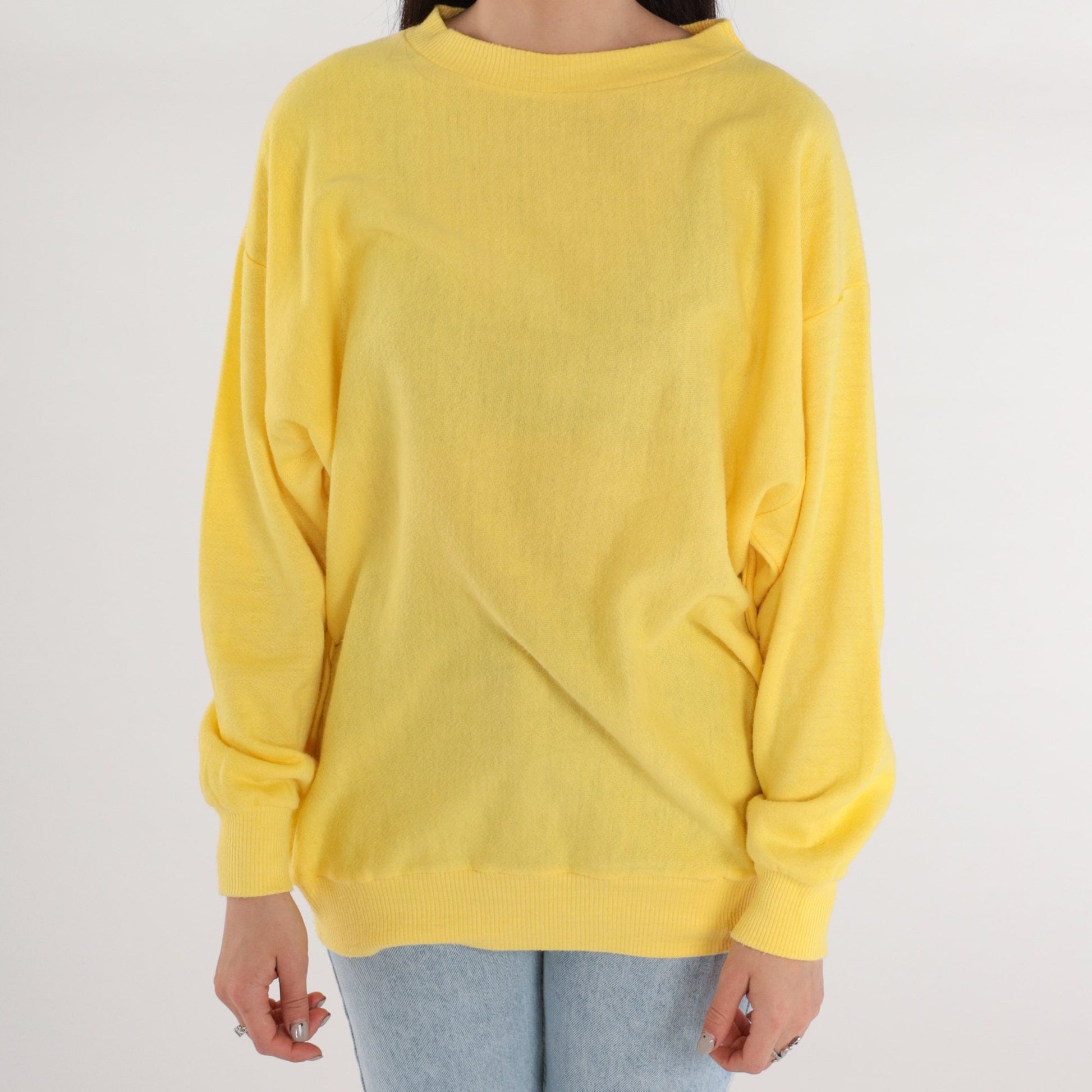 80s Yellow Crewneck Sweatshirt Plain Pullover Large L
