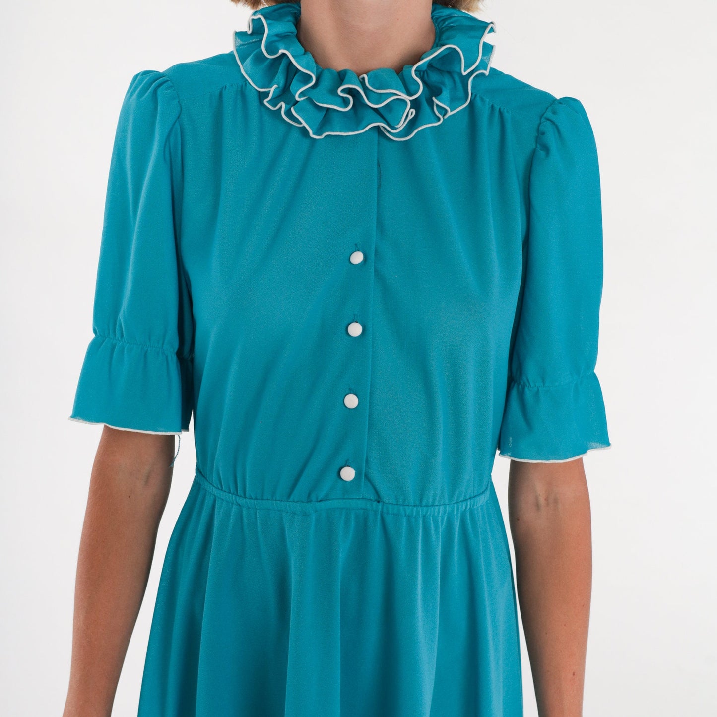 70s Teal Shirtwaist Mini Dress High Ruffle Collar Button-Up Medium M