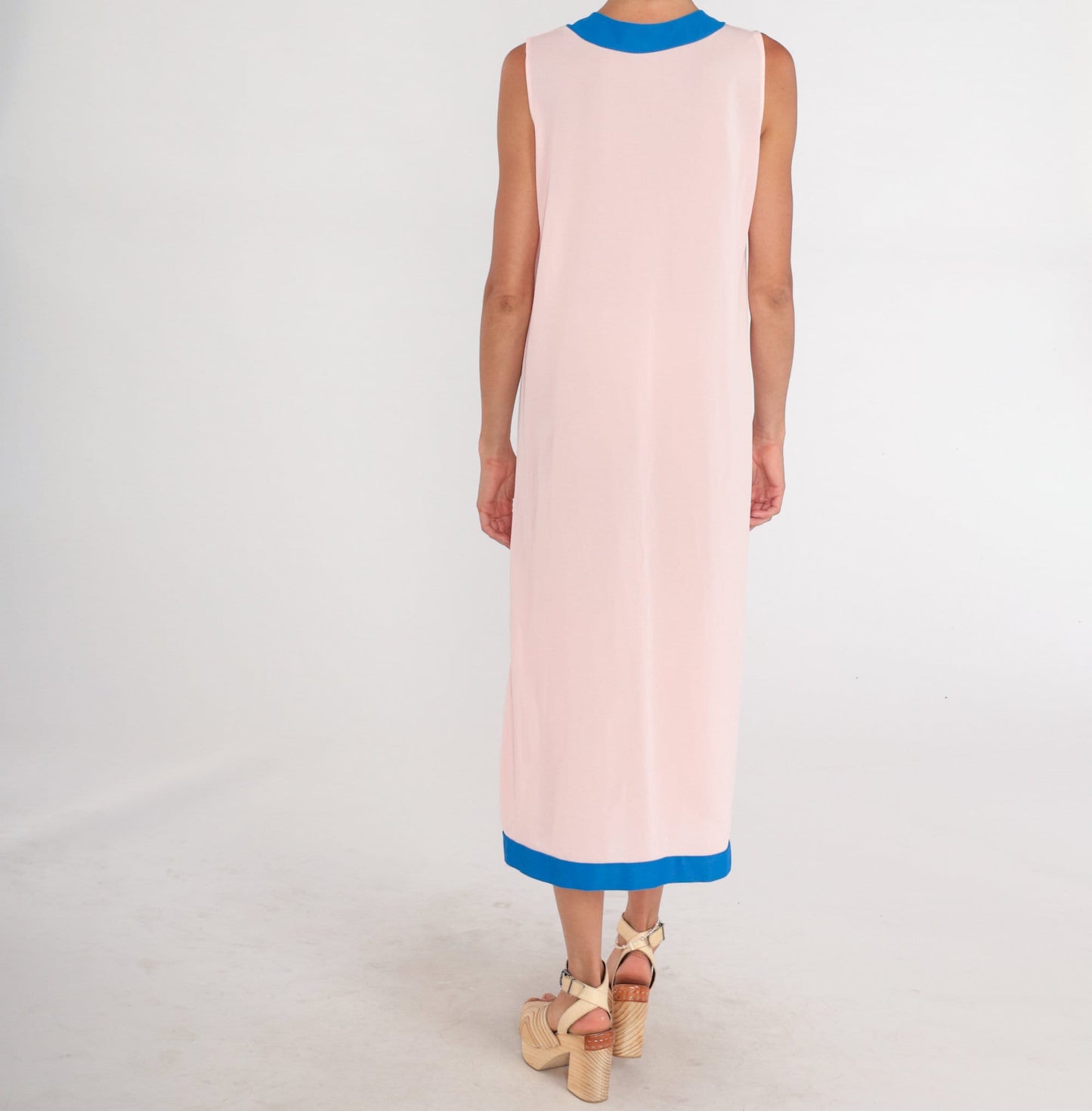 70s Pink Midi Dress Blue Trim Sleeveless Button-Up Column Large L
