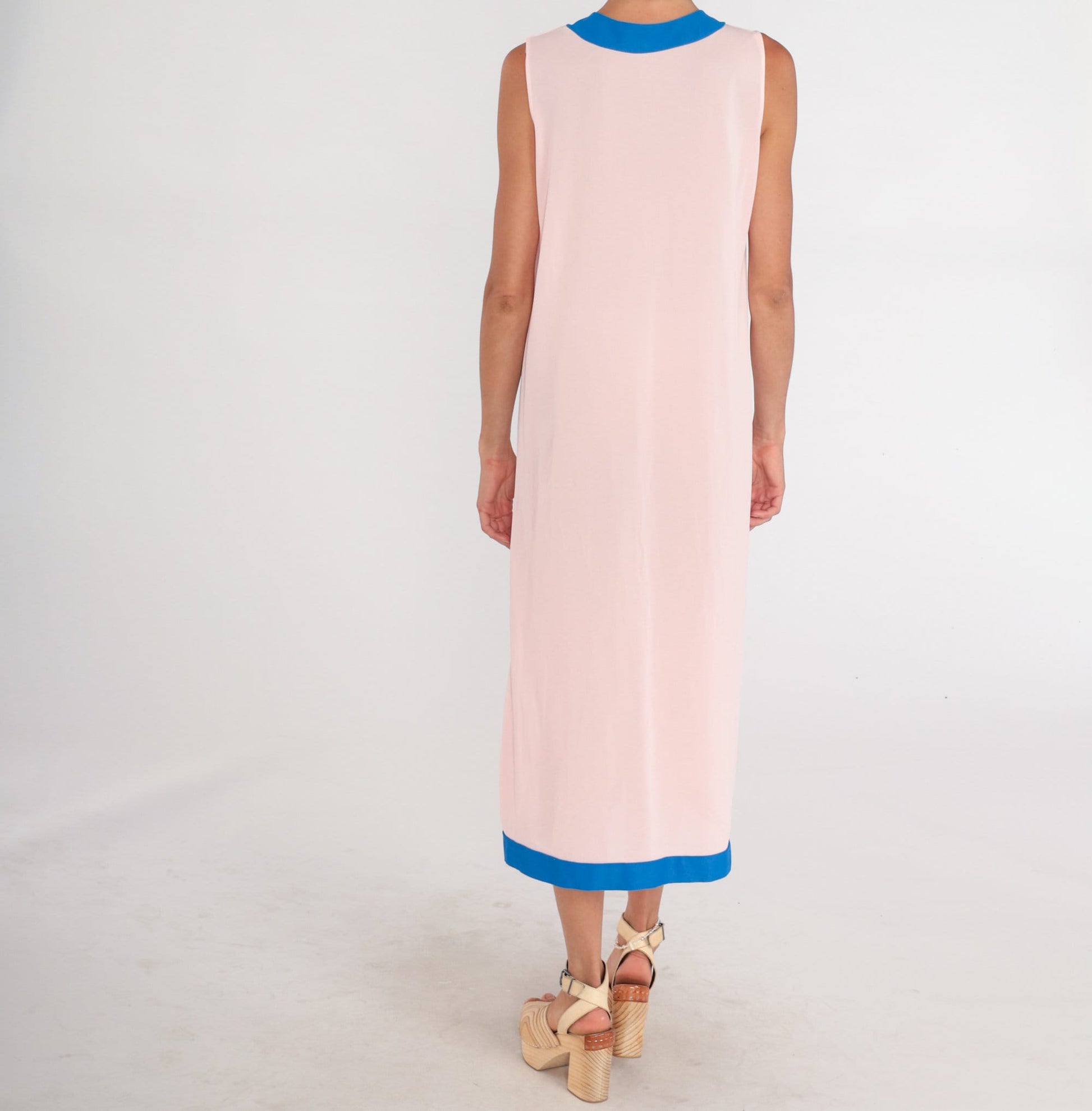 70s Pink Midi Dress Blue Trim Sleeveless Button-Up Column Large L