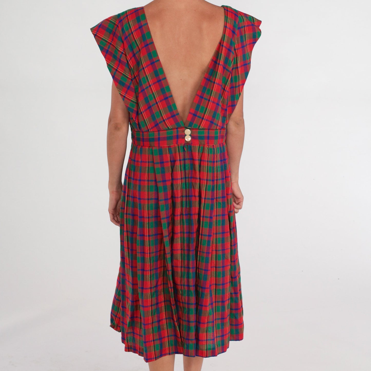 80s Red Green Plaid Pinafore Midi Dress High Waist Cap Sleeve Extra Large XXL