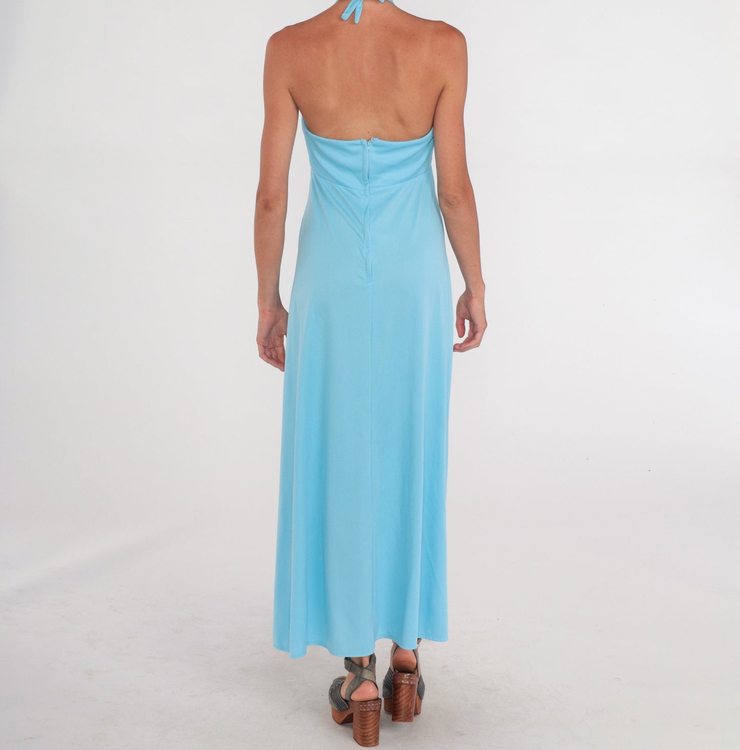 70s Blue Maxi Dress Halter Crochet Trim Open Back Empire Waist Small