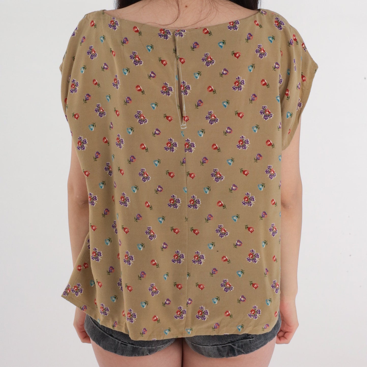 80s Floral Cap Sleeve Blouse Taupe Rayon Flower Print Top Large L