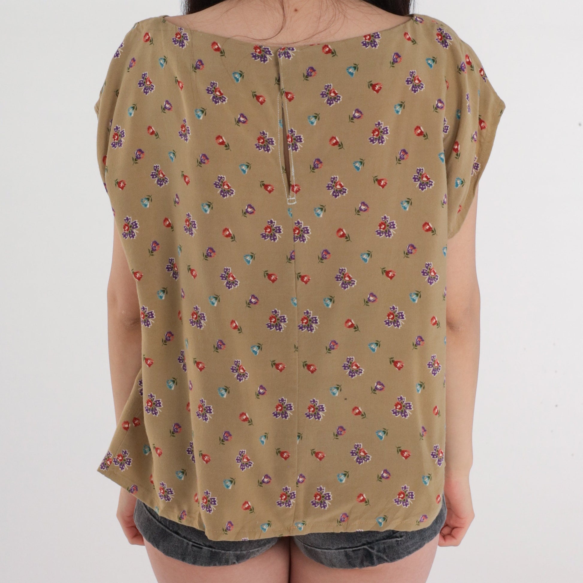 80s Floral Cap Sleeve Blouse Taupe Rayon Flower Print Top Large L