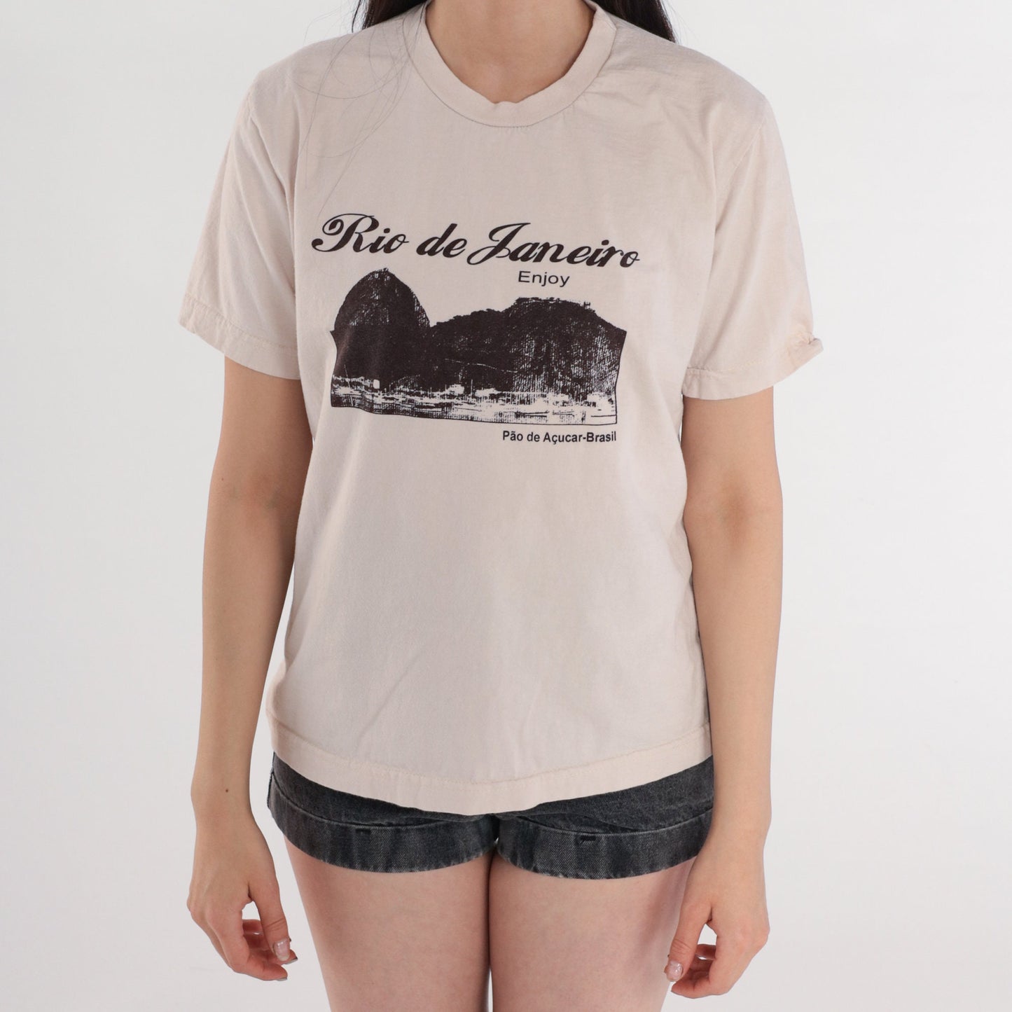 Y2K Rio de Janeiro Brazil Graphic T-Shirt Beige Cotton Tee Small