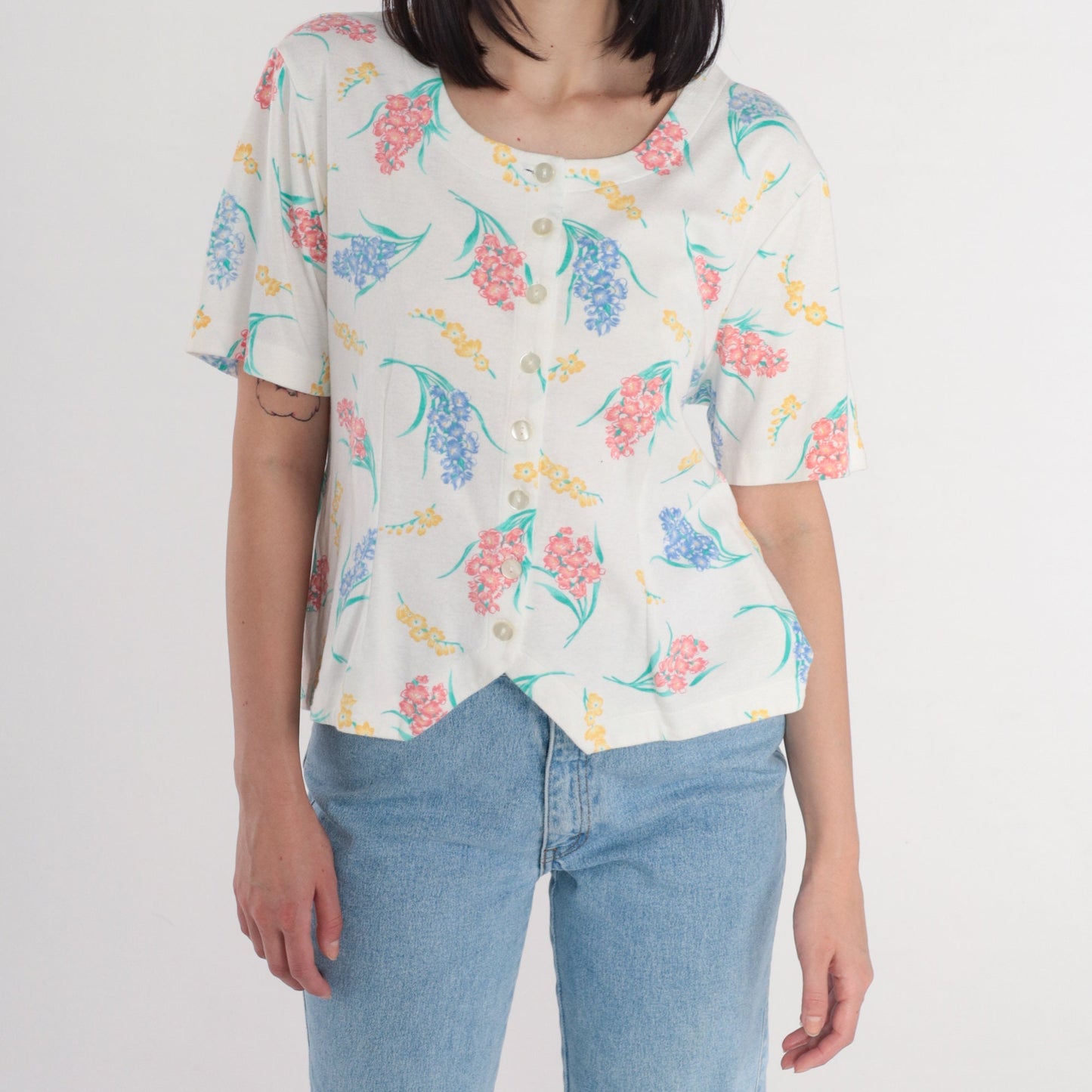 80s Jaclyn Smith Sport White Floral Button-Up Blouse Short Sleeve Large L