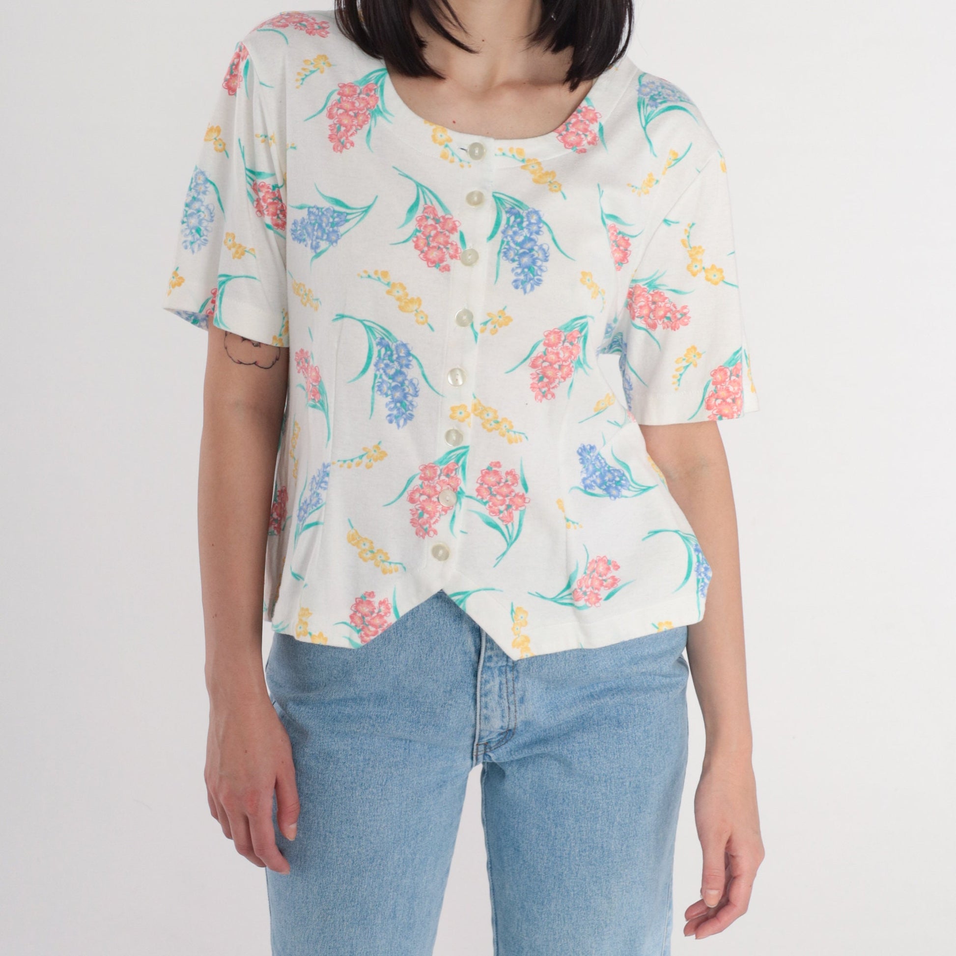 80s Jaclyn Smith Sport White Floral Button-Up Blouse Short Sleeve Large L