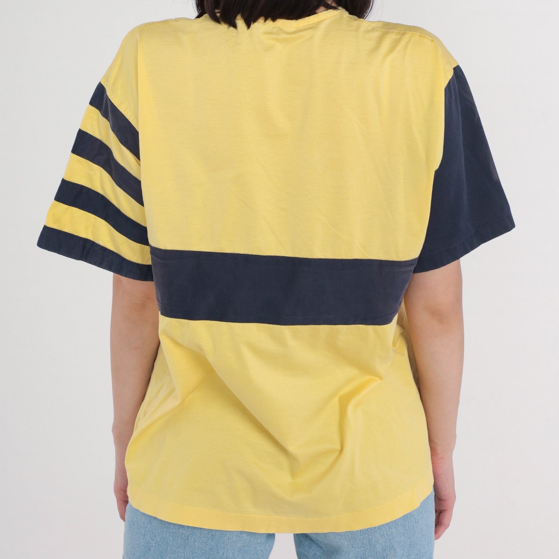 80s Cala Di Volpe Striped Henley Tee Yellow Navy Ships Helm Embroidered Large
