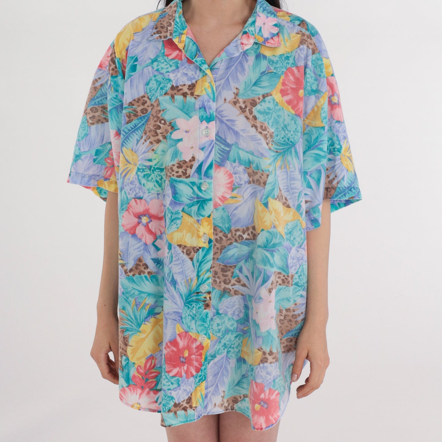 90s Tropical Leopard Floral Button-Up Blouse Turquoise Plus Size XXL