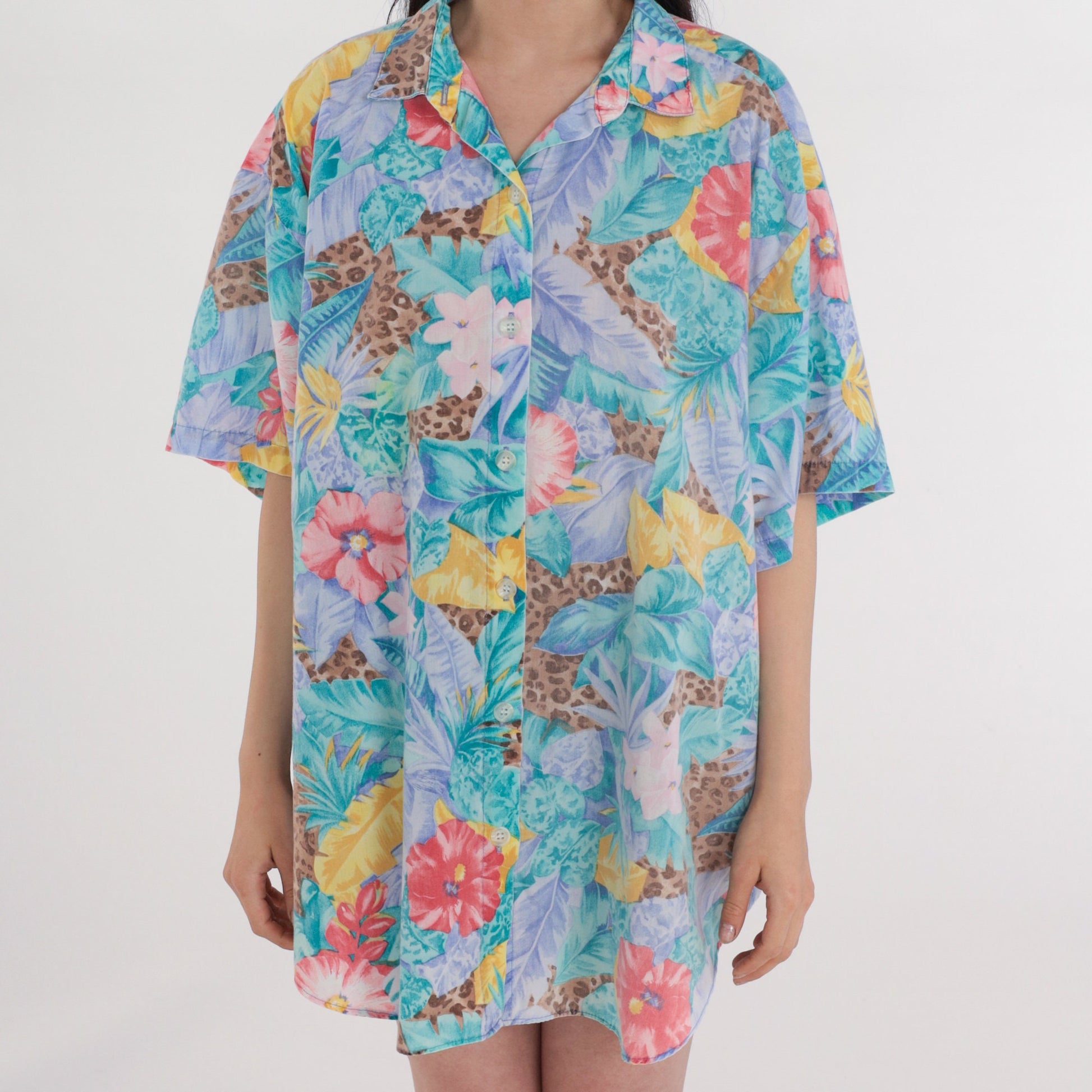 90s Tropical Leopard Floral Button-Up Blouse Turquoise Plus Size XXL