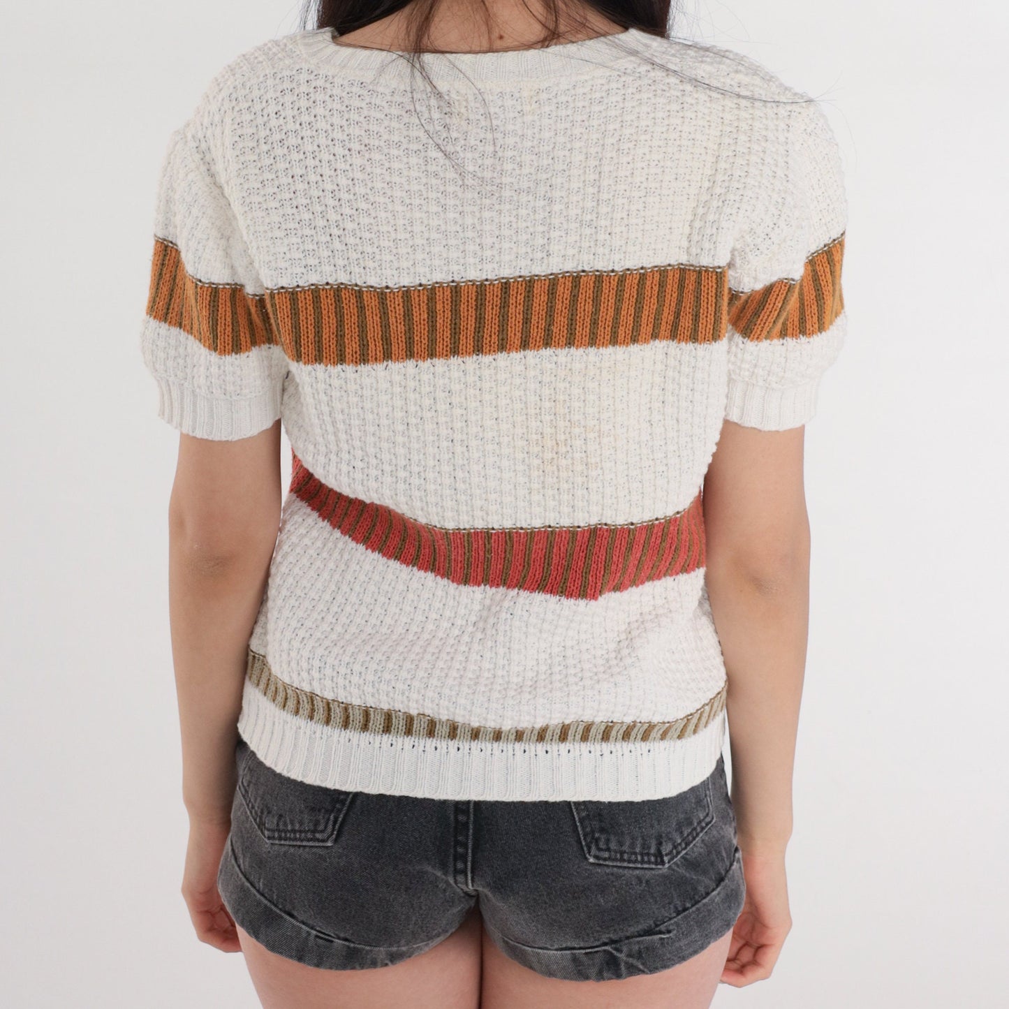 80s Striped V-Neck Knit Sweater Top White Red Orange Olive Small